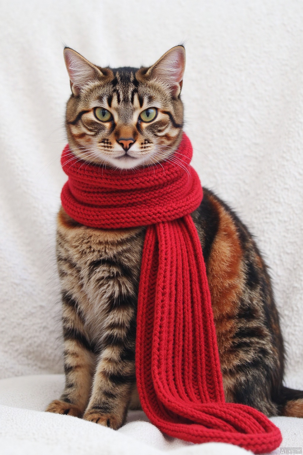 The image shows a cat wearing a red knitted scarf. The cat has a tabby pattern with a mix of brown, black, and orange fur. The background is a plain white surface, likely a blanket or fabric, which contrasts with the colorful scarf and the cat's fur. The cat is sitting upright and looking directly at the camera.