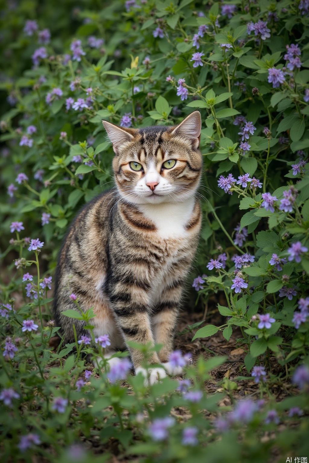 The image shows a cat sitting amidst a lush, green field filled with small purple flowers. The cat has a mix of brown, black, and white fur, with striking green eyes. The background is a vibrant mix of green foliage and delicate purple flowers, creating a serene and natural setting. The cat appears to be looking directly at the camera, creating a sense of engagement with the viewer.