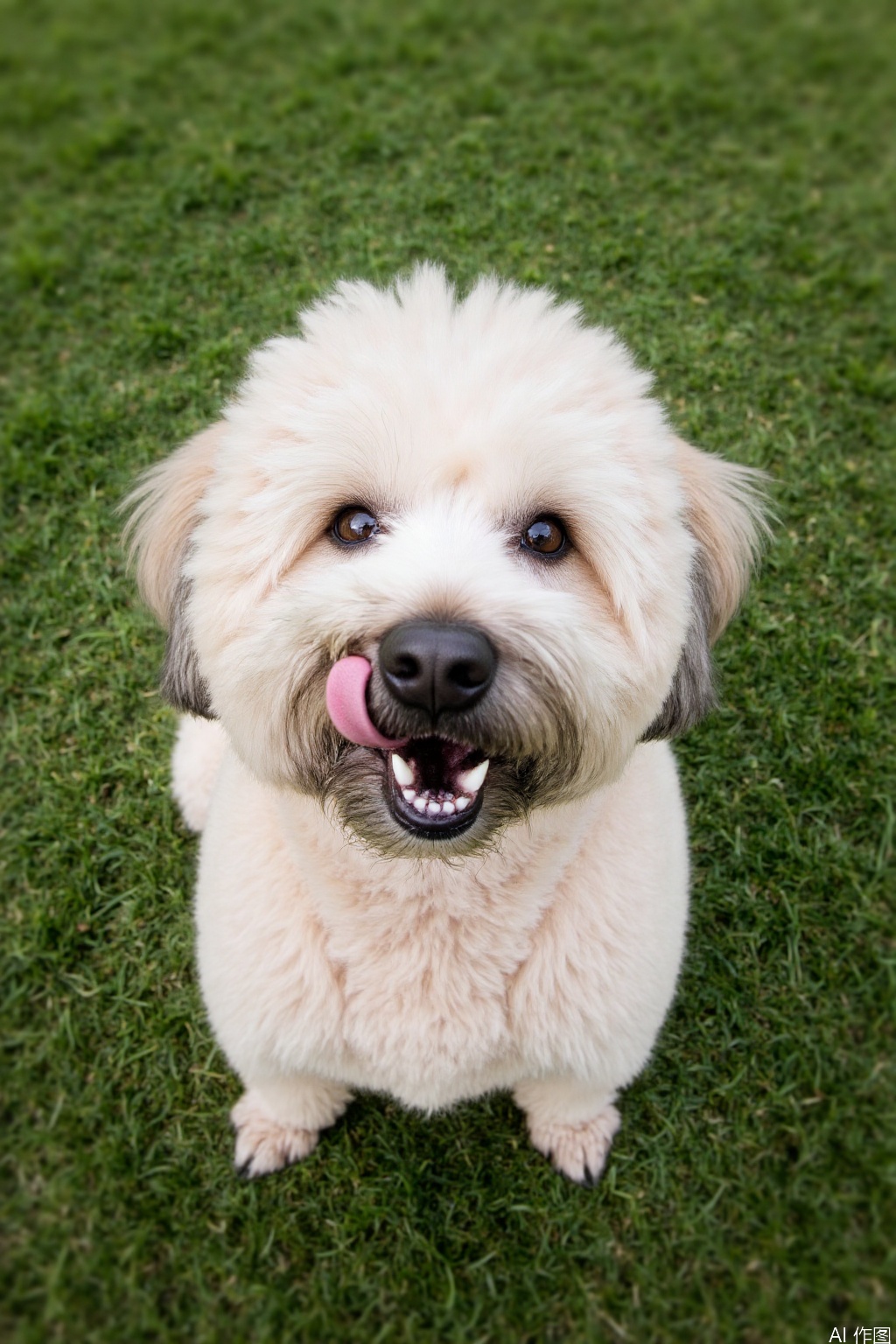 The image shows a close-up of a fluffy, light-colored dog with a black nose and dark eyes. The dog has a playful expression, with its tongue sticking out and its mouth slightly open, revealing its teeth. The background consists of green grass, which appears to be well-maintained and evenly spread. The dog is positioned centrally in the frame, with its head tilted slightly upward, giving a sense of curiosity or attentiveness.