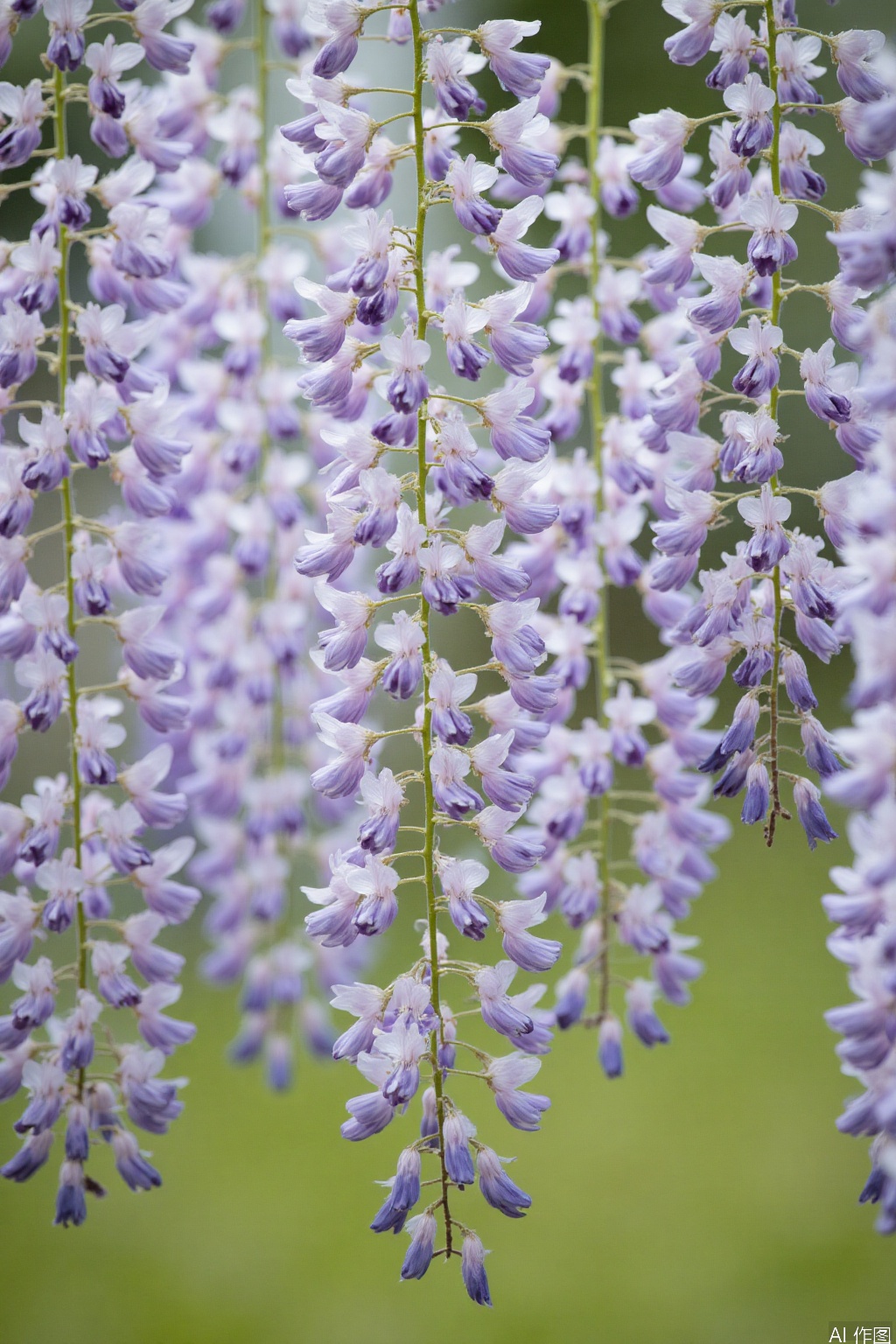 The image shows a close-up of a beautiful cluster of wisteria flowers. The flowers are in full bloom, with delicate purple and white petals hanging from slender, green stems. The background is a soft, blurred green, likely indicating a garden or natural setting. The focus is on the intricate details of the wisteria blossoms, capturing their texture and the way the petals are arranged. The overall composition highlights the natural beauty and elegance of the flowers.