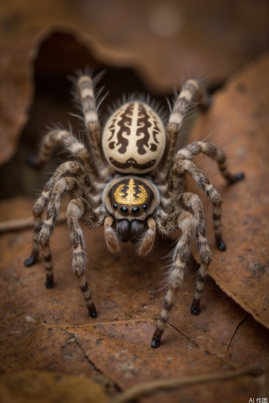 A close-up shot of a spider leisurely crawling on fallen leaves, with a golden crown on its head