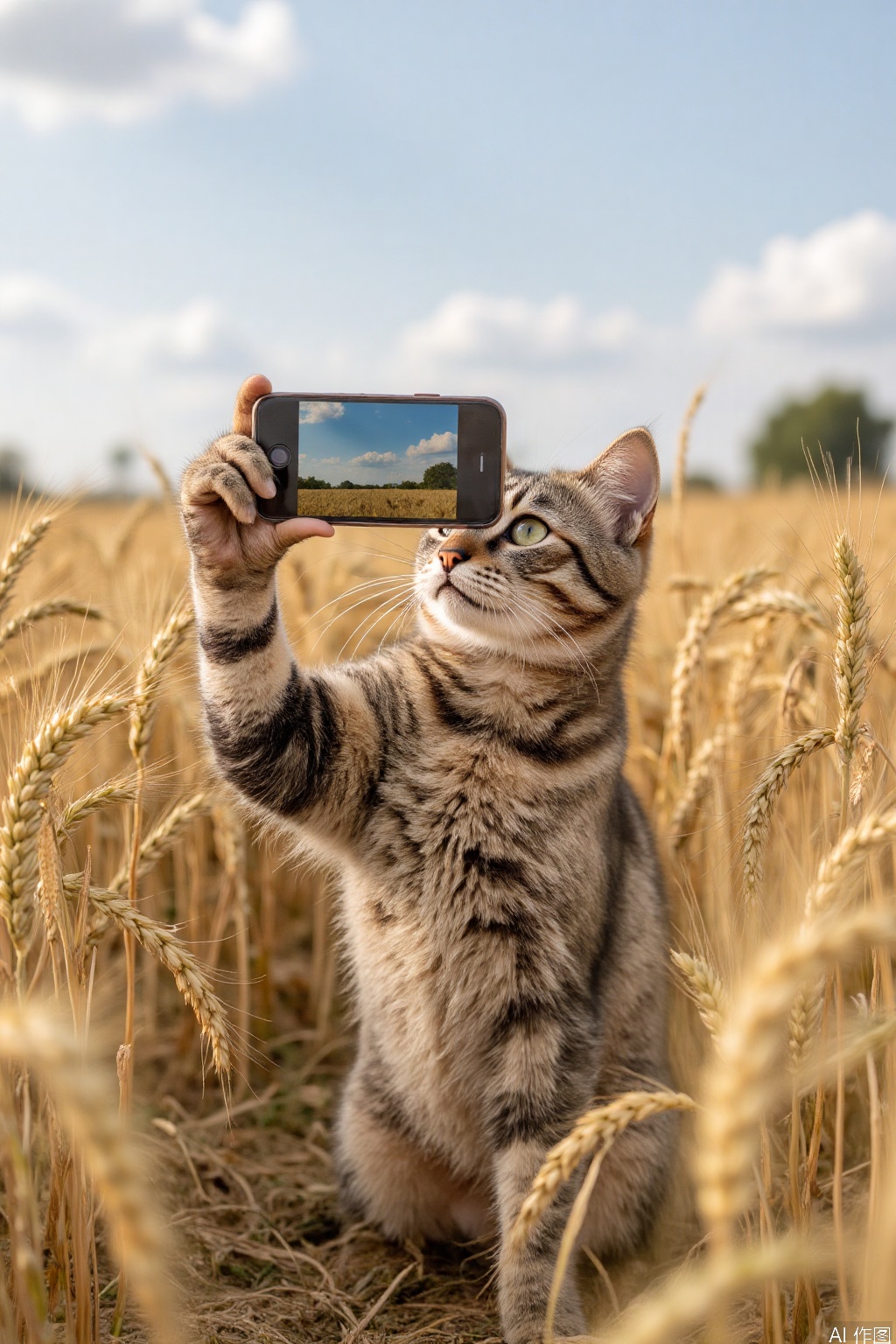 A curious feline photographer poses confidently, paw held phone at eye level, capturing its whiskered profile against the golden expanse of a vast wheat field, where sun-kissed stalks stretch out to infinity, and a few wispy clouds drift lazily by.