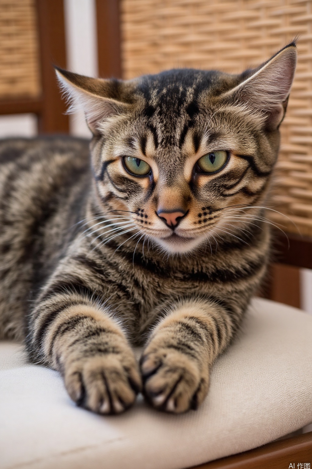 The image shows a tabby cat lying down on a light-colored surface, possibly a chair or a cushion. The cat has a striped pattern on its fur, with a mix of brown and gray colors. Its ears are upright, and it has a slightly narrowed, somewhat grumpy expression in its eyes. The cat's front paws are stretched out in front of it, and the background includes parts of woven furniture, likely chairs, with a wooden frame visible. The overall setting appears to be indoors, with a soft focus on the cat, making it the central focus of the image.