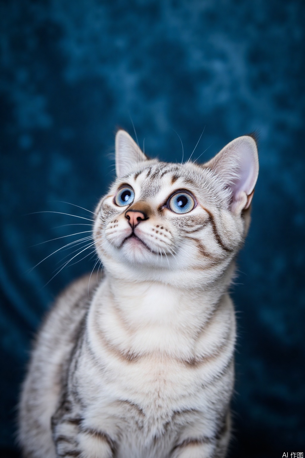 The image shows a close-up of a cat with striking blue eyes, looking upwards with a curious expression. The cat has a light-colored, short coat with a mix of white and grayish-brown fur. Its ears are upright, and its whiskers are prominently visible against the soft, blurred background. The background is a deep blue, creating a contrast that highlights the cat's face and eyes. The overall composition is clean and focused on the cat, with no other objects or distractions in the frame.