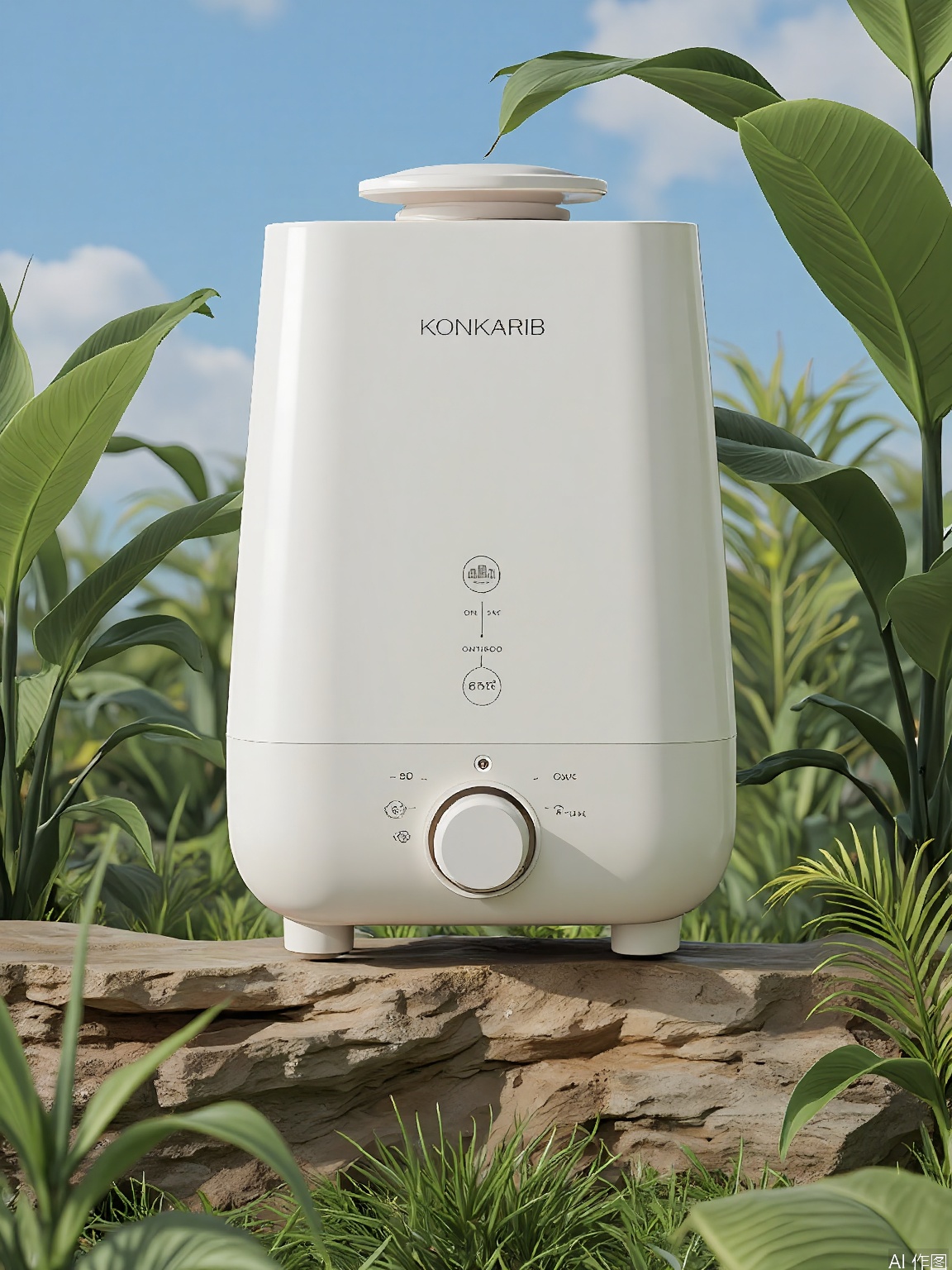 YLCJ, A white, modern air purifier from the brand "KONKARIB" placed on a natural wooden log in the middle of a lush, green garden. The air purifier has a minimalist design with a round button at the bottom and a small light on top. Surrounding the air purifier are large, vibrant tropical leaves and various plants, creating a serene and natural atmosphere. The sky in the background is bright blue with a few fluffy clouds, adding to the peaceful setting. The overall aesthetic is clean and fresh, emphasizing the harmony between technology and nature.