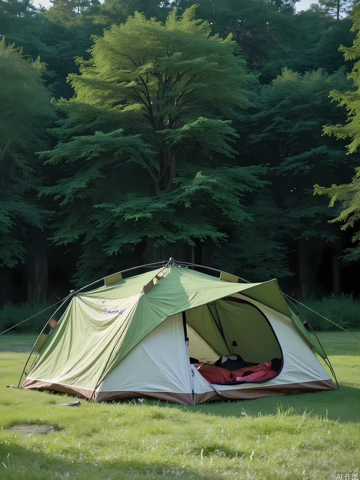 YLCJ, A photograph of a green and white dome tent pitched on a lush, grassy field with dense forest in the background. The tent has a small entrance flap open, revealing a red sleeping bag inside. The setting is serene and natural, with sunlight filtering through the trees, casting dappled light on the ground. The atmosphere is peaceful and inviting, suggesting a camping trip in a forested area.