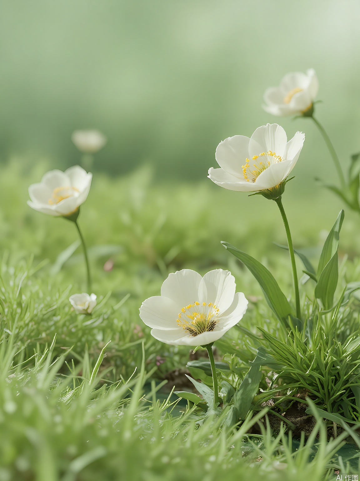 YLCJ, Photograph of a serene, sunlit meadow with a soft focus, featuring a lush green field and delicate white flowers in the foreground. The background is a gentle gradient of greens, creating a calming and peaceful atmosphere. The flowers are in sharp focus, with a few scattered around the field. The overall mood is tranquil and natural, with a sense of simplicity and beauty. The image is well-lit, with natural light enhancing the vivid colors and textures.