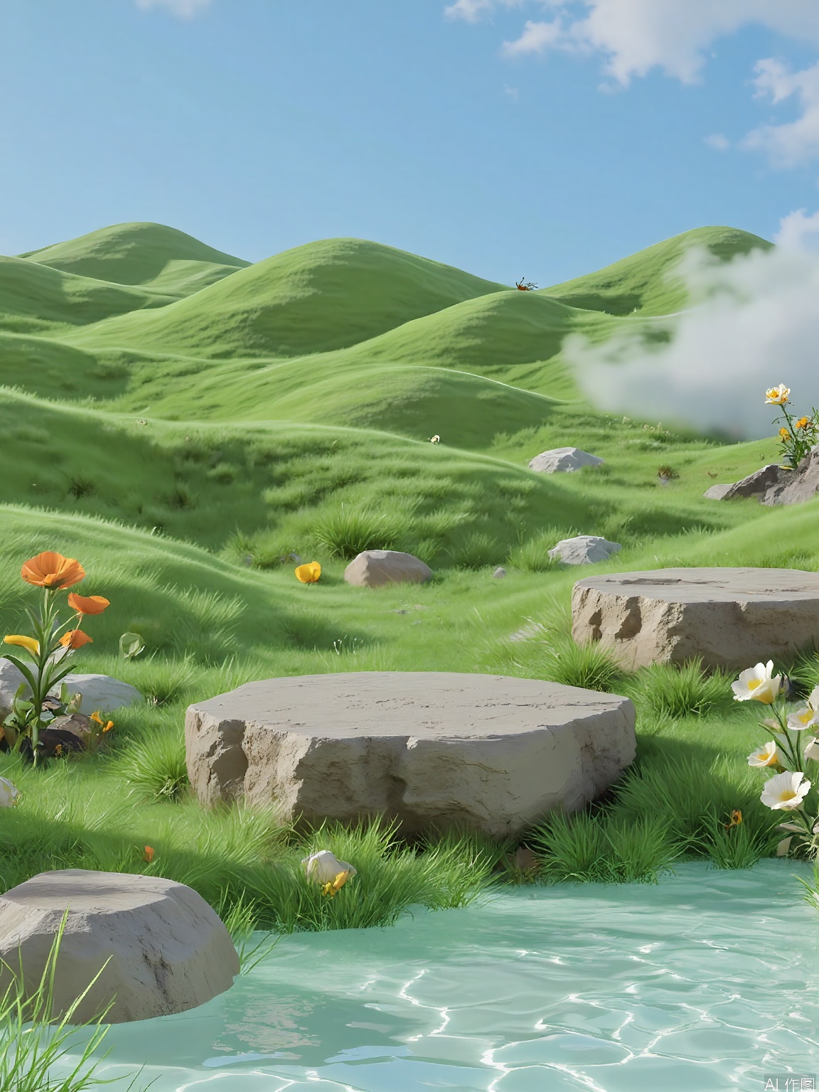 YLCJ, A serene, fantasy landscape with lush green hills, a small, clear blue stream, and two large, flat rocks in the foreground. The sky is bright blue with scattered white clouds, and a soft, warm light illuminates the scene. The ground is covered in vibrant green grass and dotted with colorful wildflowers, including orange and yellow blooms. The atmosphere is peaceful and inviting, with a sense of tranquility and natural beauty. The image has a soft, dreamy quality, with a slight blur effect that enhances the ethereal feel.