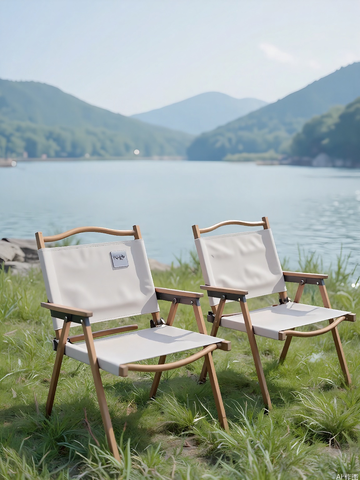 YLCJ, Two empty canvas director's chairs with wooden legs are placed on a lush green grassy field, with a serene lake and surrounding hills in the background. The chairs are positioned side by side, facing the lake. The scene is bathed in soft daylight, with a clear blue sky above. The image has a peaceful, inviting atmosphere.