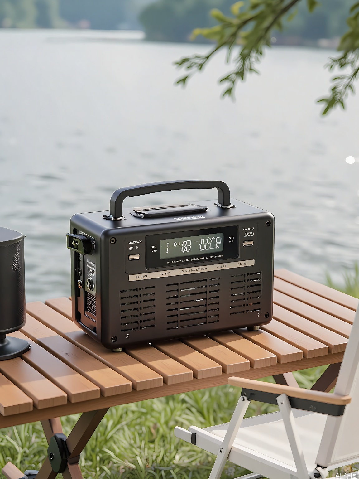 YLCJ, Photograph of a portable radio placed on a wooden picnic table beside a serene lake. The radio has a digital display showing the time as 2:02 PM. The background features a calm body of water with a blurred effect, and lush green foliage. The table is accompanied by a black speaker on the left and a white folding chair on the right. The scene is peaceful and picturesque.