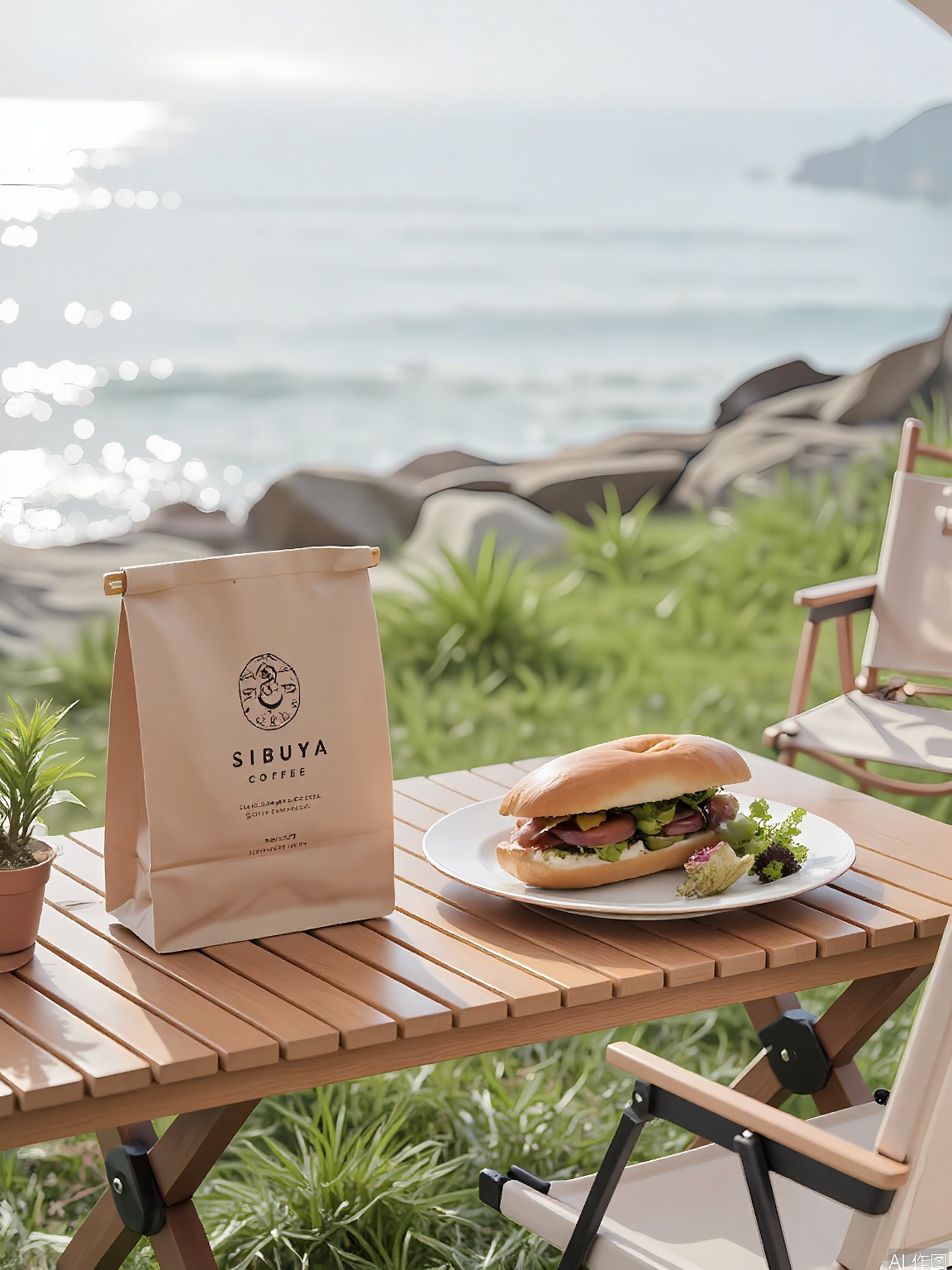 YLCJ, A serene outdoor scene featuring a wooden picnic table with a brown paper bag labeled "Sibuya Coffee" on the left side, a plate with a sandwich and a side salad, and a small potted plant. The table is situated on a lush green lawn with a tranquil, expansive view of a calm sea and distant rocky shoreline in the background. The sky is clear with a light blue hue. A beige folding chair is positioned near the table. The overall ambiance is peaceful and inviting, perfect for a relaxing meal by the coast.