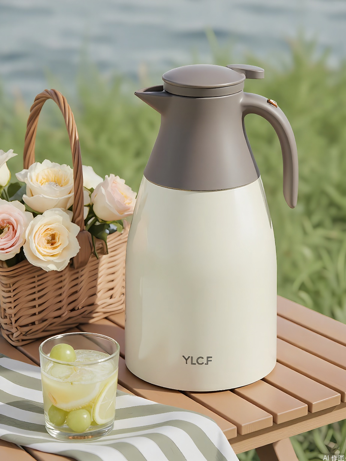 YLCJ, A photograph of a modern, white electric kettle with a gray lid and handle, placed on a wooden picnic table. The table is covered with a green and white striped cloth. To the left of the kettle, there is a wicker basket filled with yellow and peach roses. In front of the kettle, there is a clear glass filled with lemon slices and green grapes. The background features a lush green lawn and a blurred lake or river, indicating an outdoor setting. The lighting is bright and natural, suggesting a sunny day. The overall scene is serene and inviting.