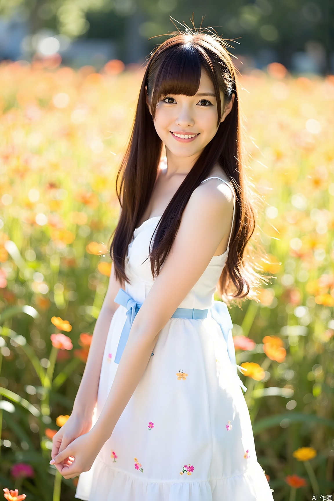 plns,xyc,with a pure face, bright eyes, and long hair like a waterfall, is dressed in a white dress with small flowers scattered on the hem and a light blue ribbon around her waist. She stands in the sunny flower sea, slightly tilts her head, with a light smile on the corner of her mouth, and gently touches the hem of her dress with both hands, as if whispering to the flowers. The background is a colorful flower sea with butterflies dancing. The sunlight is like a golden veil, creating a warm and dreamy light and shadow. The overall style is like a dream, full of poetry. The Nikon Z7 camera was used, with an 85mm f / 1.4 lens, aperture of f / 1.4, shutter speed of 1 / 500 second, and ISO 200. The color tone is mainly warm yellow, with light pink and light green. There is a slight halo effect to add a romantic atmosphere.