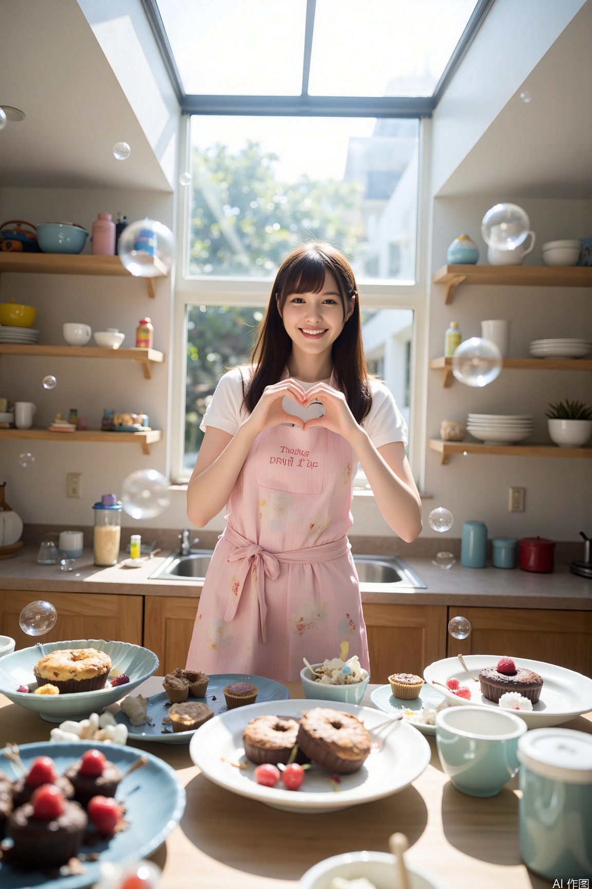 In the open-plan kitchen, a girl is wearing a cute apron and standing in front of the countertop, with freshly made desserts in front of her. The sunlight pours down from the skylight, illuminating her joyful face. She is holding a spoon in one hand and making a heart shape with the other, posing happily for the camera. Behind her, the cabinets and tableware are arranged in a disorderly but orderly manner, with the depth-of-field effect maximized, making the character come alive on the paper.plns,surrounded by bubbles