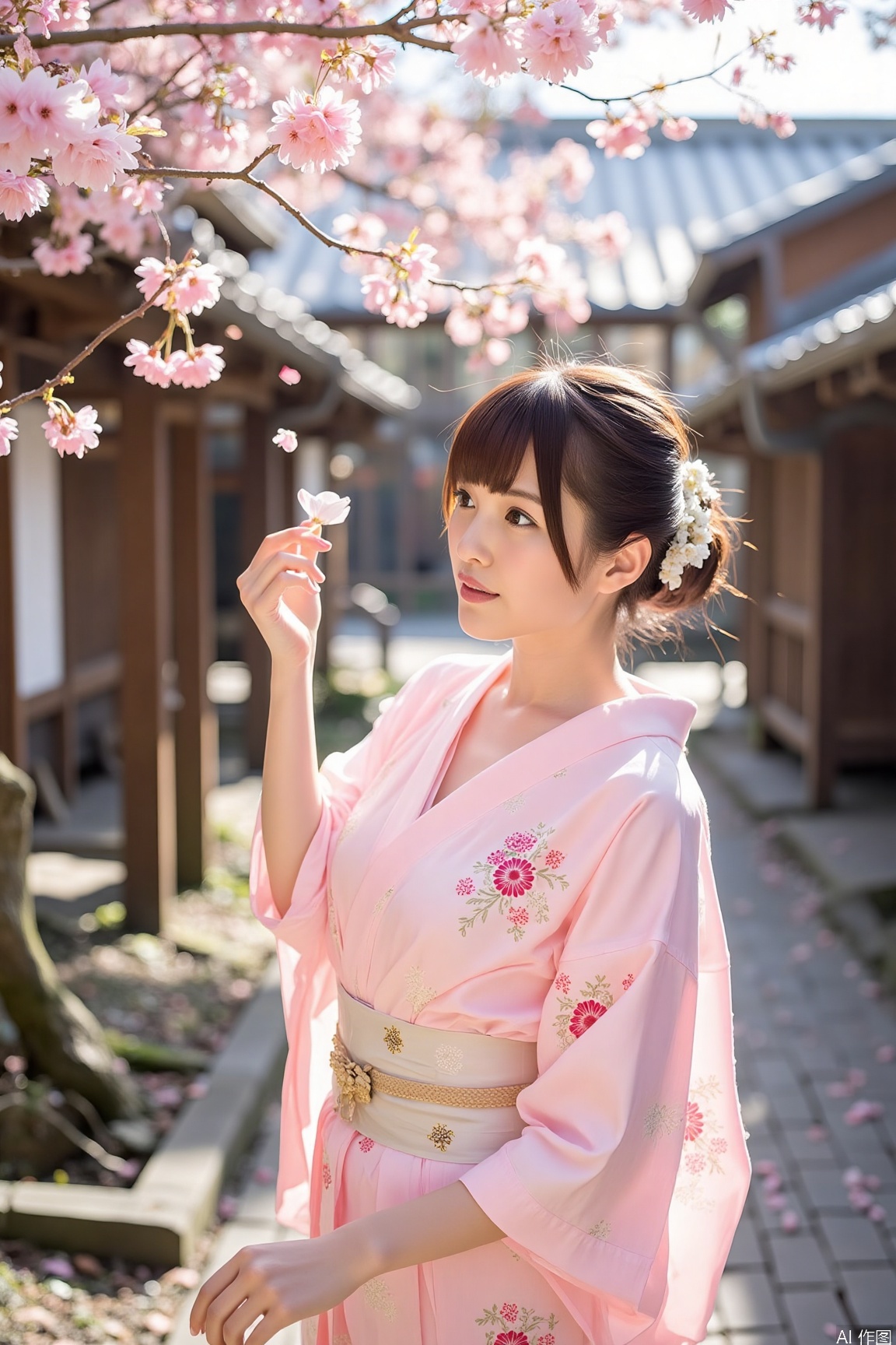 A woman in a traditional kimono with exquisite cherry blossom embroidery, a small wooden hairpin in her hair. She stands under a cherry tree, a gentle breeze stirs, petals fall, she lightly raises her hand, trying to catch the falling petals. The background is typical traditional Japanese architecture, wooden corridors and cherry blossoms complement each other. Sunlight filters through the clouds, casting soft light, adding warmth to the scene. Shot with a Canon 5D Mark IV, aperture f/2.8, shutter 1/125s, focal length 85mm, ISO 100. The tone is mainly pink, white, and wood color, creating a romantic spring atmosphere. Add a slight lens flare effect to enhance the dreamy feeling.,necklace