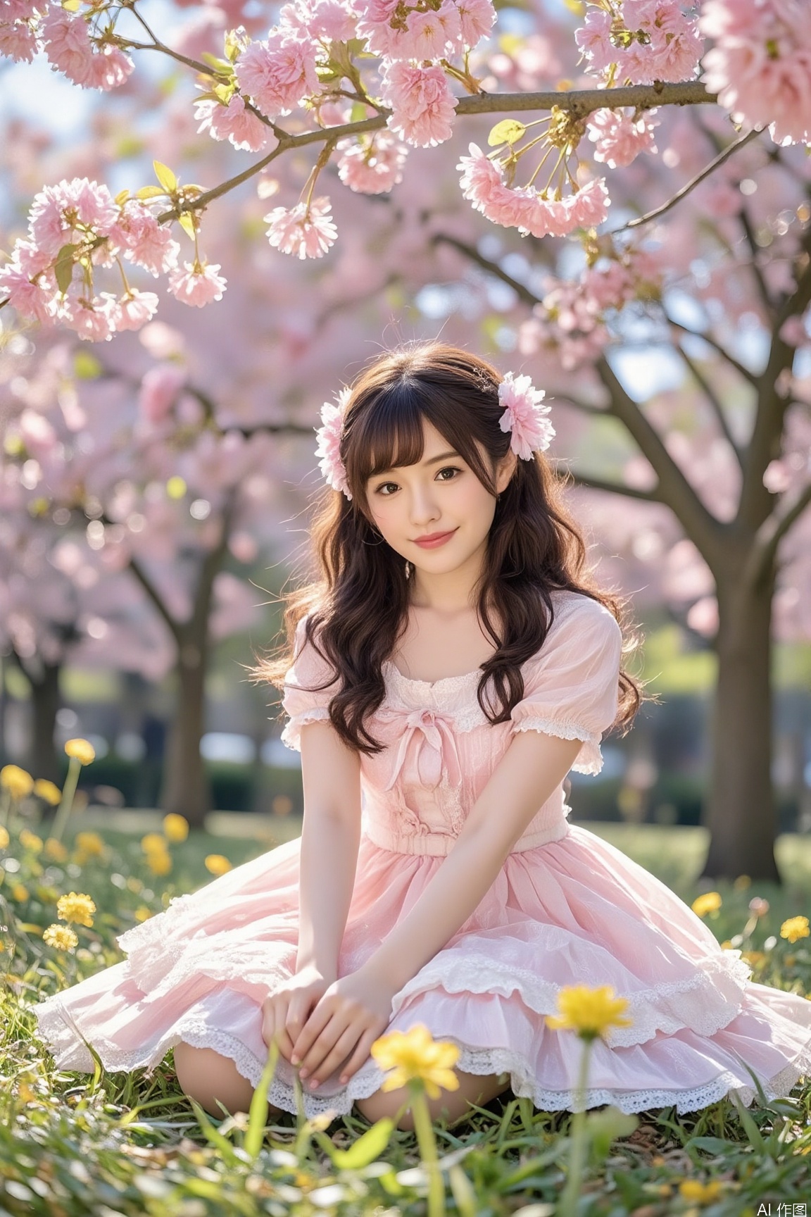 A sweet woman sits under a cherry blossom tree, her fluffy curls glowing with warm golden highlights. A lolita dress flutters slightly in the spring breeze, while the background of dandelions is softly blurred to focus on her radiant oval face. Sunlight filters through tender leaves, casting speckled light on the grass. The half-body close-up emphasizes her lively charm.xyc,vivid color,lolita