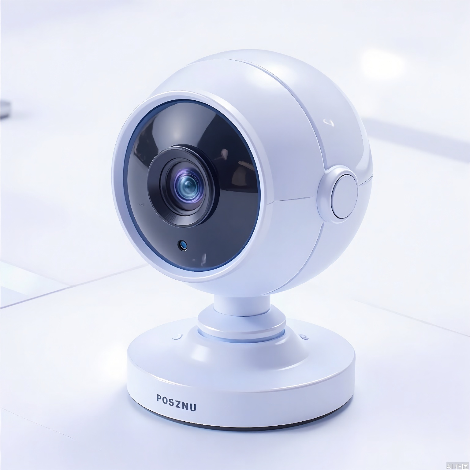 3DTB, A high-tech glass 3D icon of a smart security camera. The camera has a compact, spherical design with a wide-angle lens and a built-in microphone. The icon is set against a white background, showcasing its advanced surveillance capabilities and sleek aesthetic.