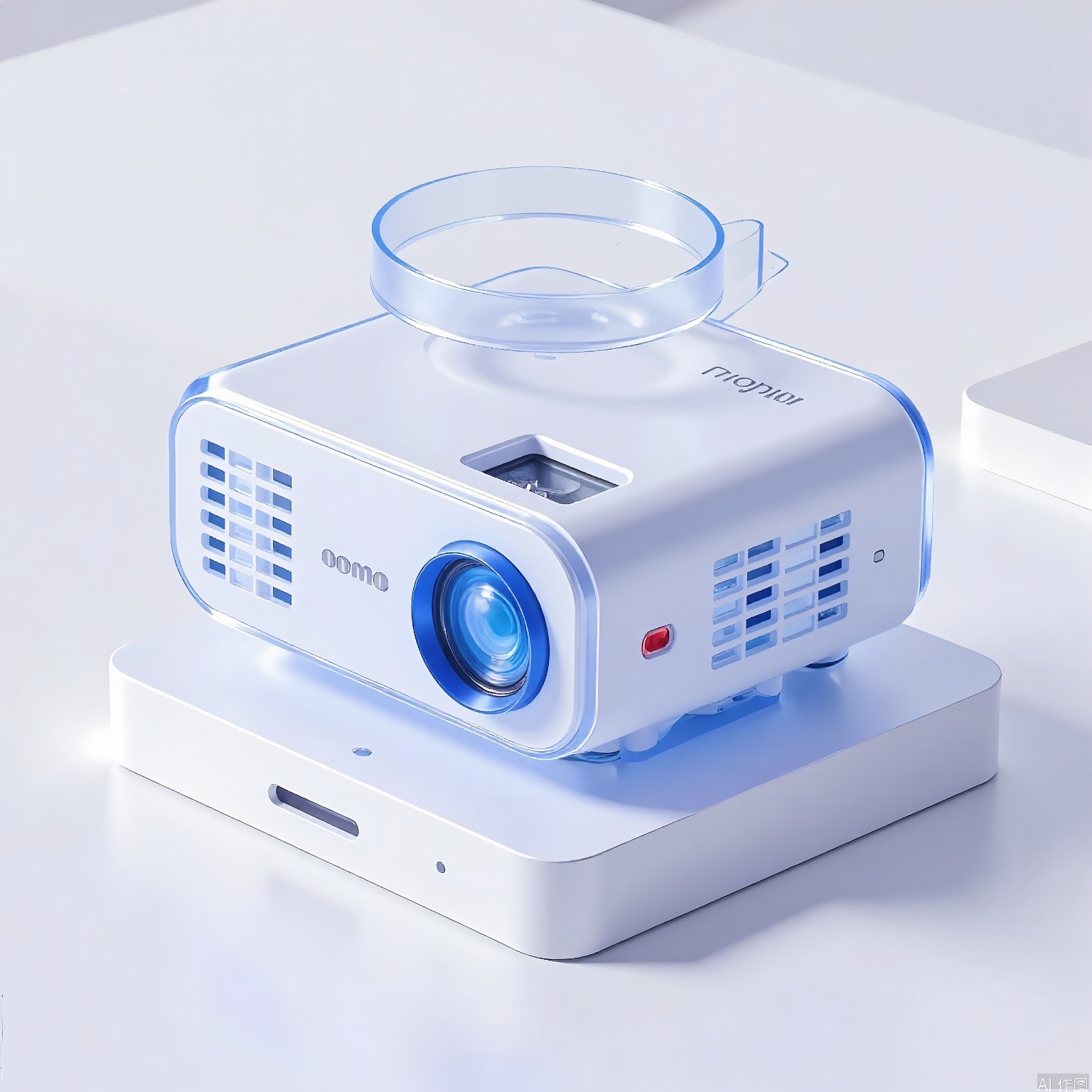 3DTB, A sophisticated glass 3D icon of a portable projector. The projector has a compact, rectangular design with a lens that appears to be projecting light. The icon is displayed on a plain white backdrop, emphasizing its portability and high-quality display capabilities.