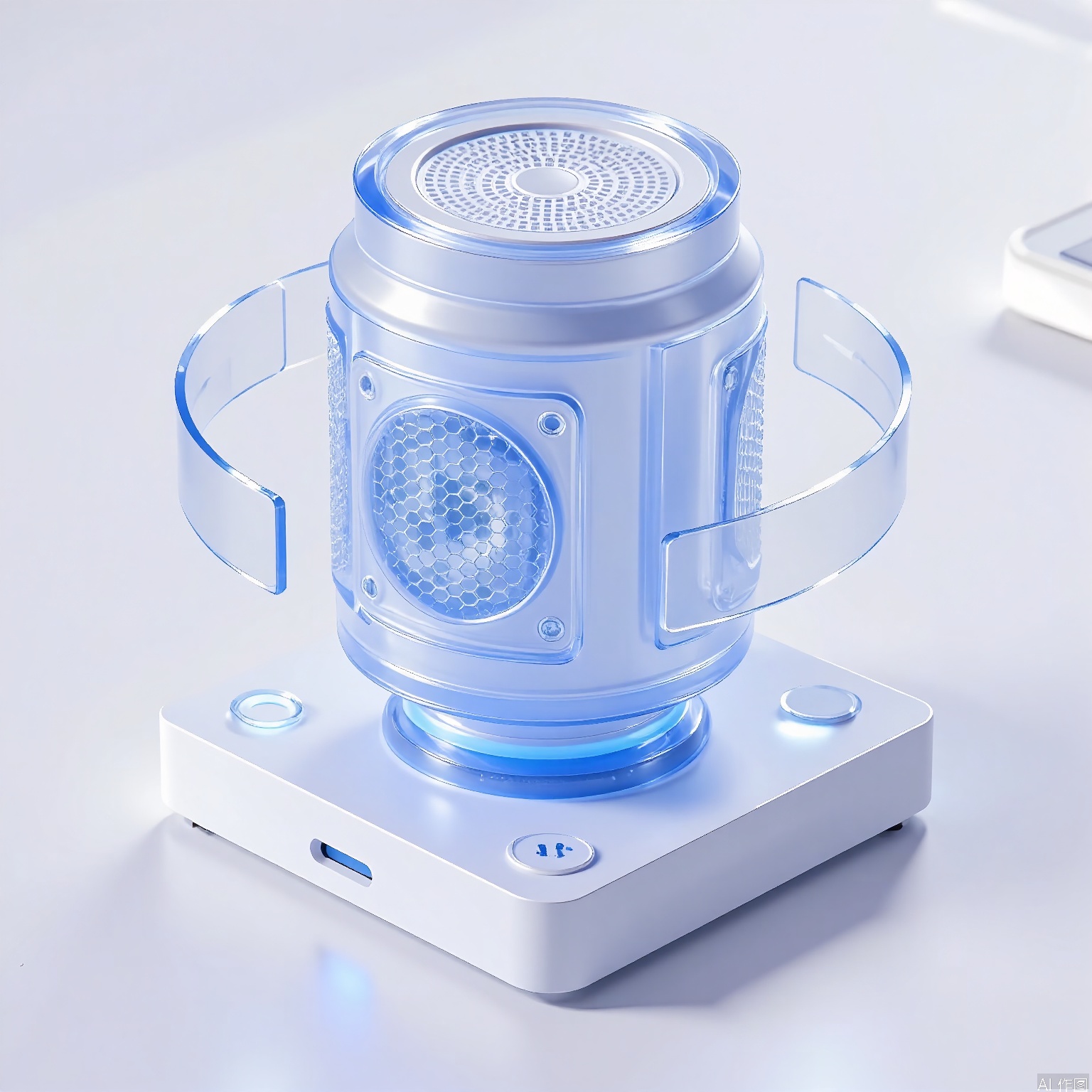3DTB, A sophisticated glass 3D icon of a wireless speaker. The speaker has a cylindrical shape with a mesh exterior, revealing glimpses of its internal components. A soft, blue LED light glows gently at the base, indicating power status. The icon rests on a plain white backdrop, emphasizing its clean and contemporary design.