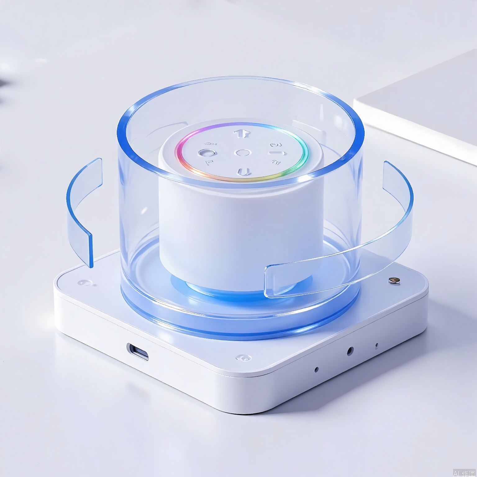 3DTB, A modern glass 3D icon of a smart home assistant. The device is a compact cylinder with a touch-sensitive surface and a ring of colorful LED lights that indicate different functions. The icon is presented on a simple white background, highlighting its minimalist and intuitive design.