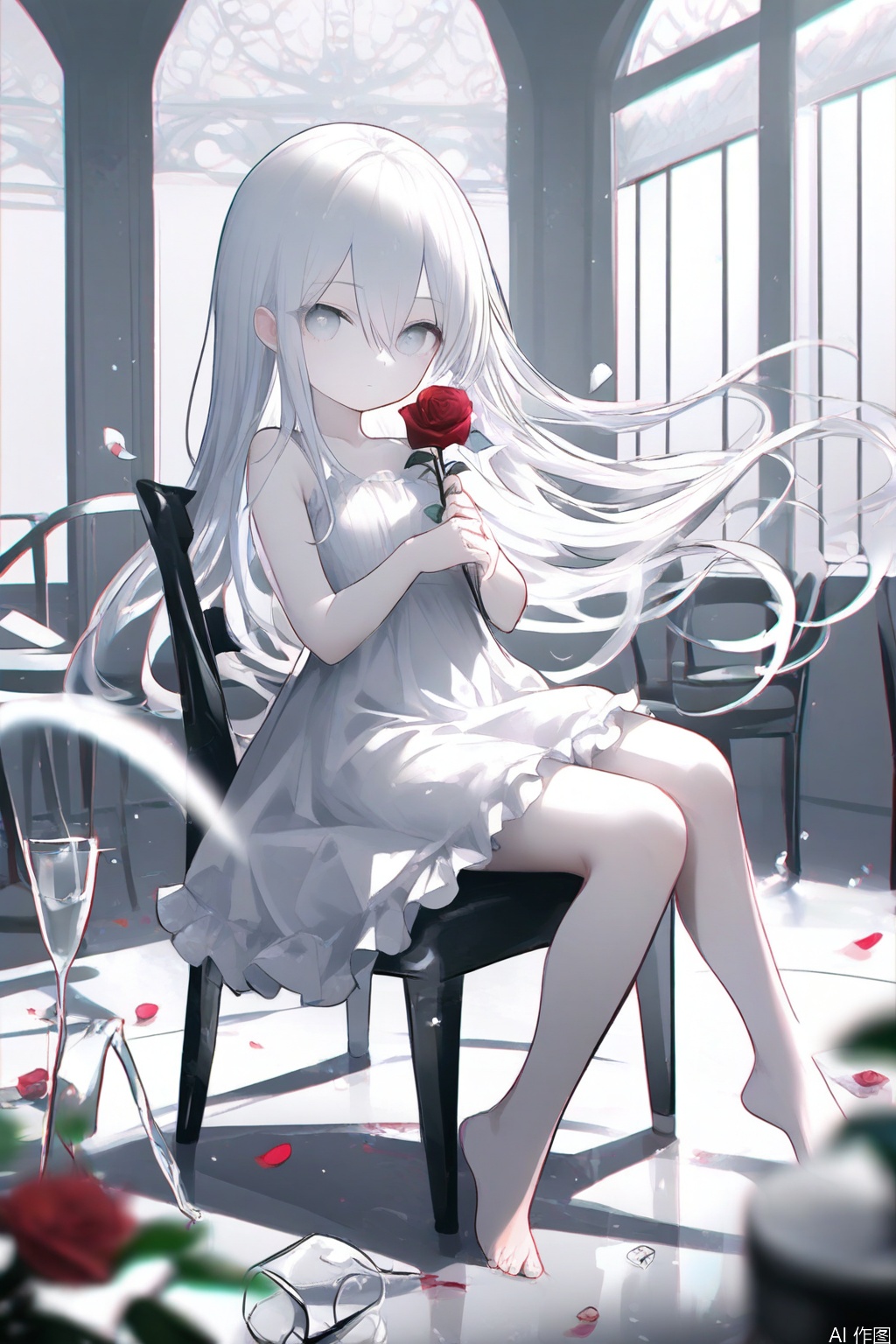 masterpiece, loli, chromatic_aberration, light, fair_skin, flower, long hair, rose, cup, glass, dress, drinking glass, wine glass, 1girl, holding, holding flower, white theme, white hair, white dress, petals, chair, window, red flower, solo, sitting, barefoot, indoors, red rose, looking at viewer, frilled dress, frills, wine, broken glass, hair between eyes, very long hair, blue eyes, grey eyes, floating, grey theme, floating hair, closed mouth, overexposure, blurry foreground, blurry, depth of field, best quality, high quality