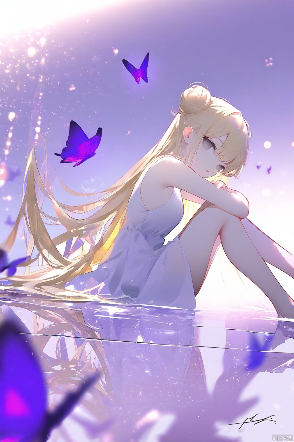 masterpiece,chromatic_aberration, light, fair_skin, 1girl, bug, butterfly, solo, long hair, dress, white dress, looking at viewer, sitting, hair bun, purple theme, blonde hair, reflection, double bun, signature, knees up, sleeveless, light particles, water, bare legs, sleeveless dress, purple butterfly, bare arms, covered mouth, grey eyes, looking to the side, very long hair, overexposure, feet out of frame, blurry, from side, best quality, high quality