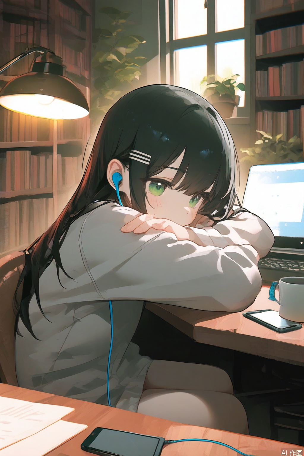 masterpiece, chromatic_aberration, light, fair_skin, 1girl, indoors, book, black hair, plant, solo, long hair, window, sitting, stuffed toy, bookshelf, hair ornament, earphones, phone, blush, lamp, stuffed animal, potted plant, hairclip, green eyes, cup, long sleeves, cellphone, desk, chair, desk lamp, smartphone, computer, overexposure, best quality, high quality