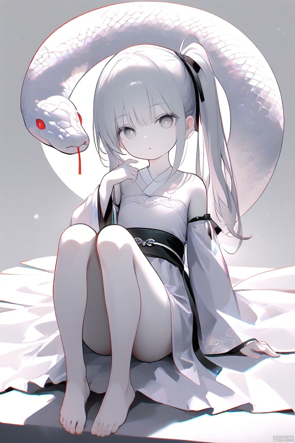 masterpiece, loli, chromatic_aberration, light, fair_skin, 1girl, snake, hanfu, barefoot, solo, white snake, sash, white theme, white hanfu, grey eyes, obi, long hair, looking at viewer, side ponytail, detached sleeves, ribbon, black ribbon, sitting, pale skin, hair ribbon, long sleeves, full body, bow, wide sleeves, hand up, black bow, white hair, grey background, grey hair, sleeveless, bare legs, parted lips, feet, white skin, sidelocks, bare shoulders, overexposure, best quality, high quality
