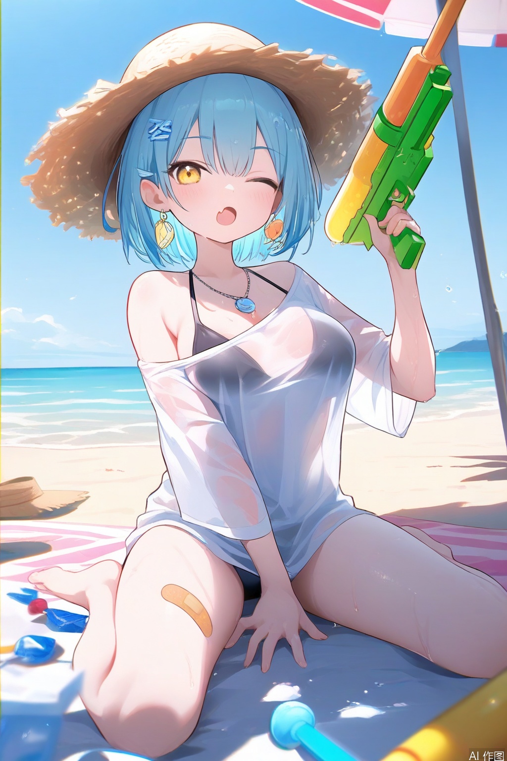 masterpiece, chromatic_aberration, light, fair_skin, 1girl, solo, food, blue hair, hat, straw hat, swimsuit, sitting, wariza, one eye closed, virtual youtuber, bikini, water gun, yellow eyes, jewelry, black bikini, holding food, see-through shirt, open mouth, holding water gun, bikini under clothes, outdoors, shirt, earrings, holding, beach, see-through, looking at viewer, sun hat, popsicle, necklace, beach umbrella, candy, white shirt, bandaid, hair ornament, skin fang, no pants, umbrella, holding candy, off shoulder, day, ocean, wet, sky, wet clothes, holding lollipop, breasts, wet shirt, lollipop, water, blush, blue sky, between legs, hand between legs, frills, overexposure, best quality, high quality