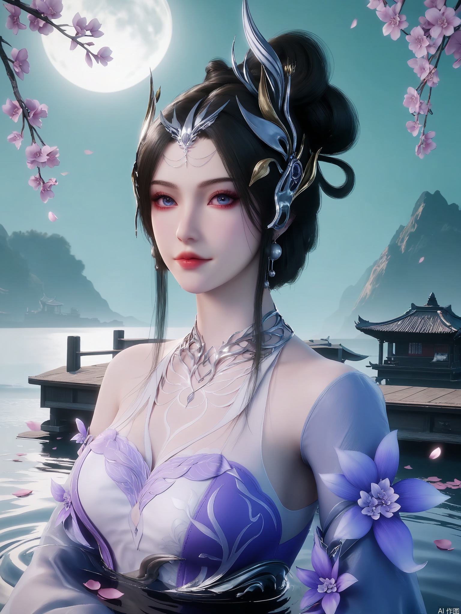 score_9,score_8_up,score_7_up,incredibly absurdres,realistic,1 girl,solo,high_quality,looking_at_viewer,(pale_skin),1 girl,solo,hair_ornament,moon,petals,flower,makeup,cherry_blossoms,jewelry,delicate_water_surface,splashing_water,water_ripples,lake,moonlight,flower_sea,bright_lighting,bright_environment,black hair,