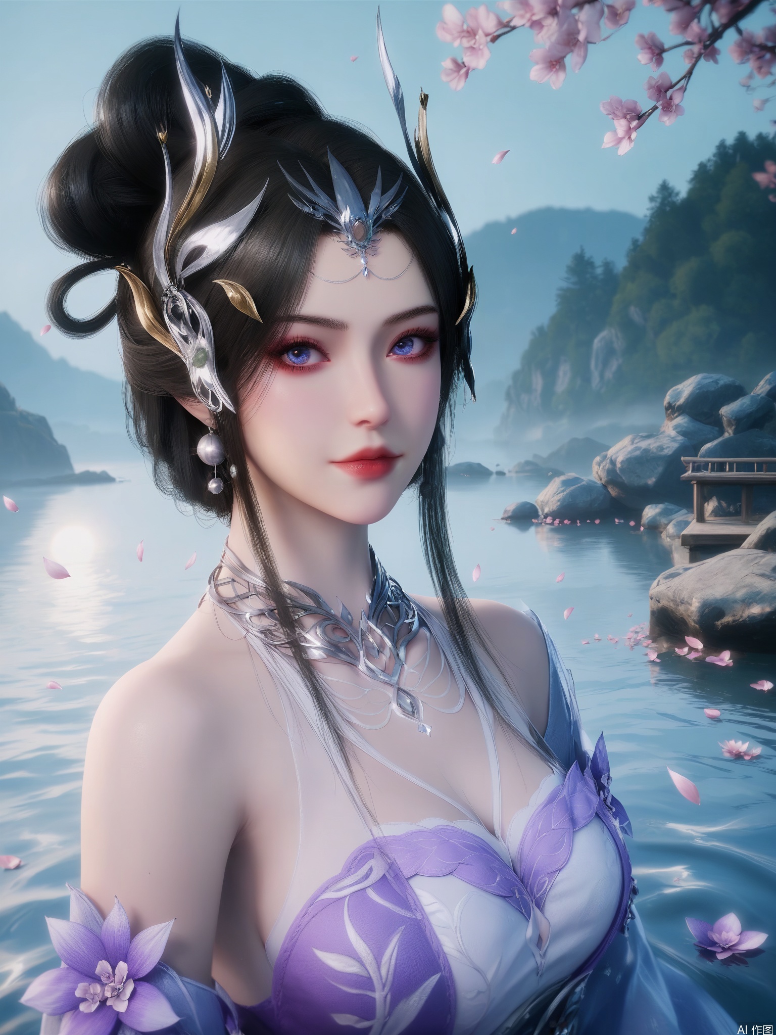 score_9,score_8_up,score_7_up,incredibly absurdres,realistic,1 girl,solo,high_quality,looking_at_viewer,(pale_skin),1 girl,solo,hair_ornament,moon,petals,flower,makeup,cherry_blossoms,jewelry,delicate_water_surface,splashing_water,water_ripples,lake,moonlight,flower_sea,bright_lighting,bright_environment,black hair,