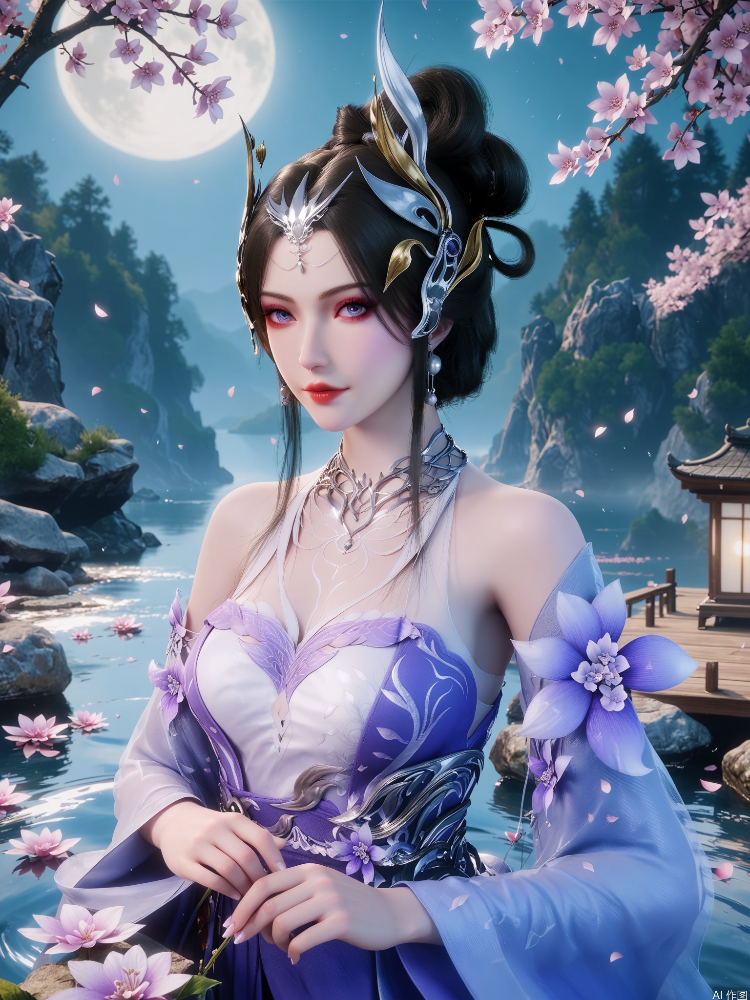 score_9,score_8_up,score_7_up,incredibly absurdres,realistic,1 girl,solo,high_quality,looking_at_viewer,(pale_skin),1 girl,solo,hair_ornament,moon,petals,flower,makeup,cherry_blossoms,jewelry,delicate_water_surface,splashing_water,water_ripples,lake,moonlight,flower_sea,bright_lighting,bright_environment,black hair,