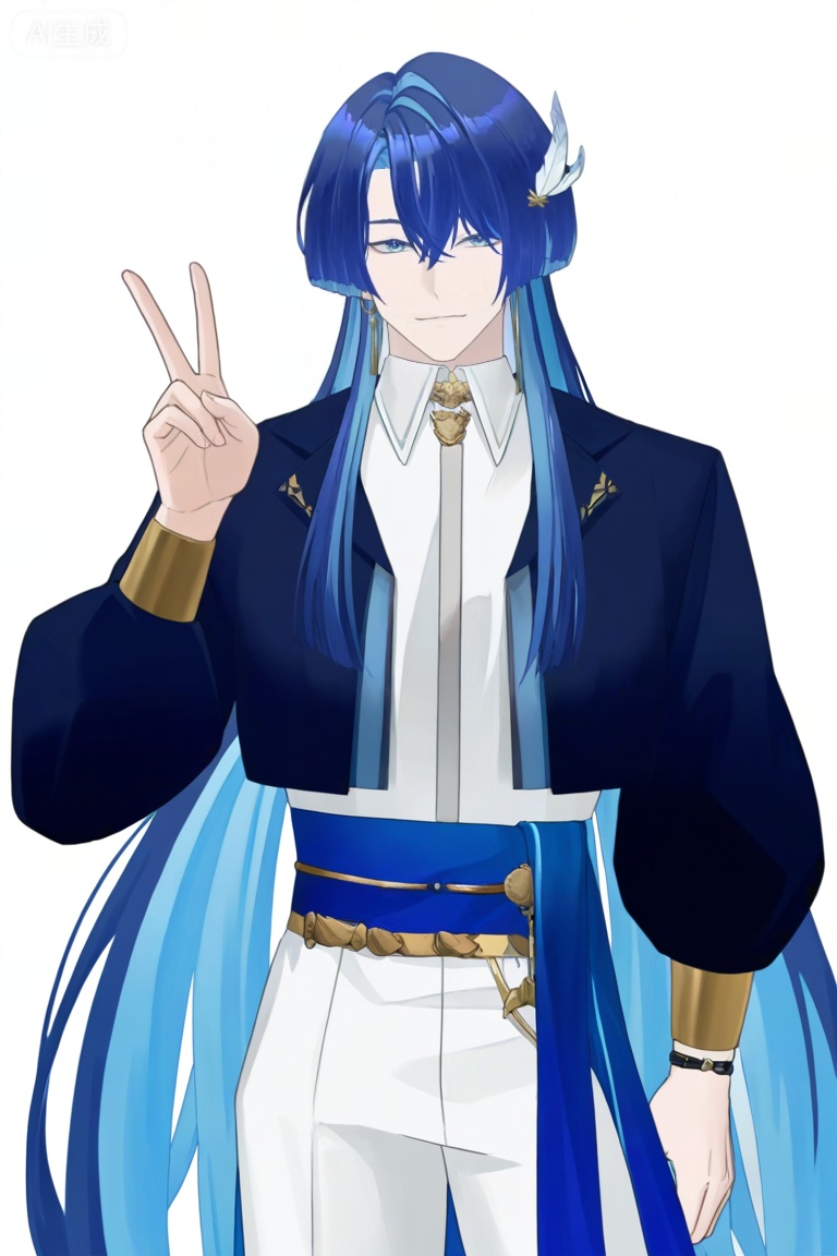 best quality,anime coloring,official style,4k,1boy,solo,male focus,cowboy shot,from front,looking at the viewer,v,zhanlin,very long hair,blue hair,colored inner hair,hair between eyes,blue eyes,single earring,feather hair ornament,collared shirt,jewelry,puffy sleeves,puffy long sleeves,gold trim,cropped jacket,bracelet,black sash,blue sash,yellow sash,waist cape,white pants,high-waist pants,