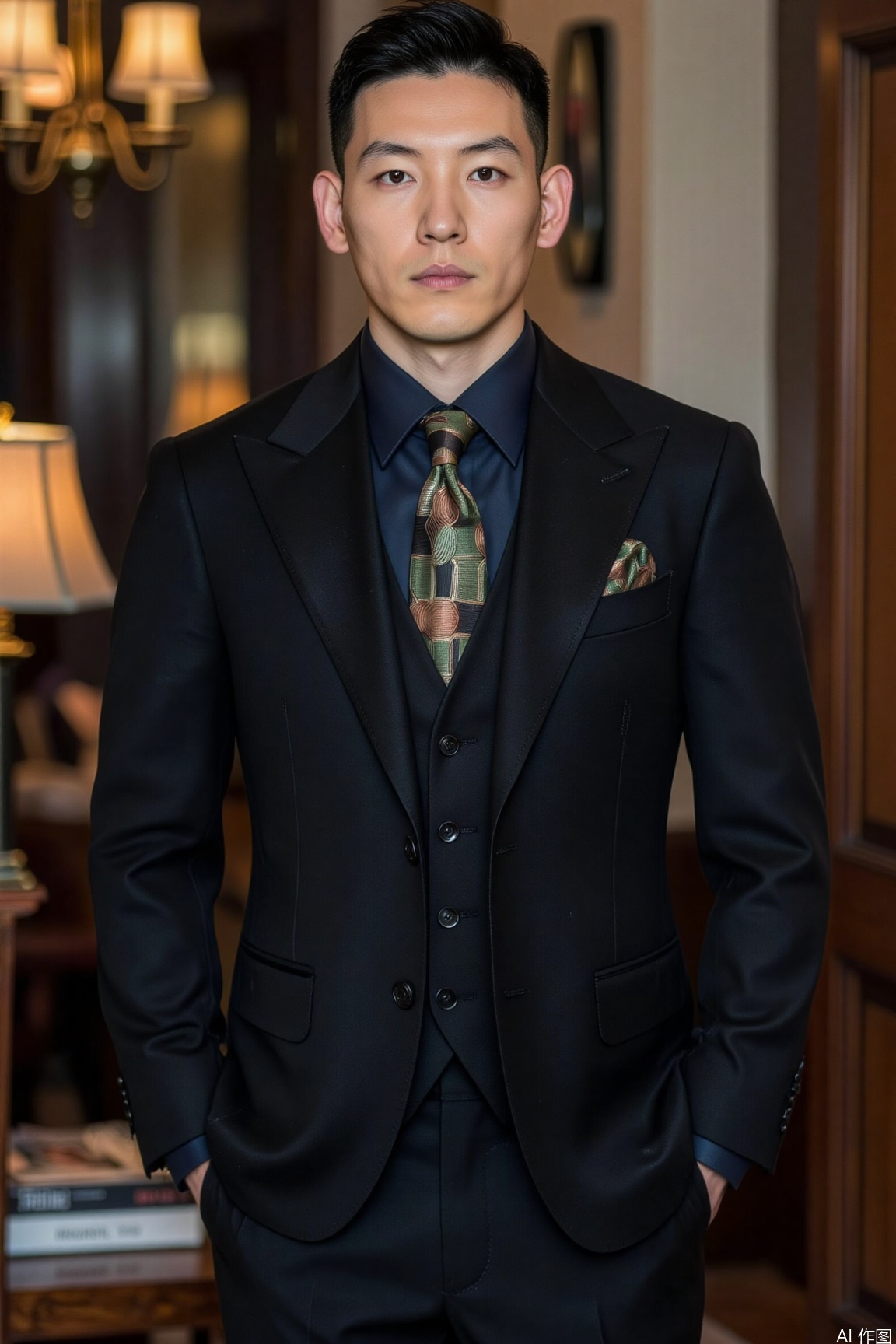 A man in black gothic formal suit, paired with a matching vest, a brown - black geometric - patterned tie, a navy shirt, and a green - brown patterned pocket square in the breast pocket,.using a Hasselblad H6D - 100c with a HC 80mm f/2.8 lens, ISO 400, f/5.6, 1/250s. The color is vibrant with high saturation, and a lens flare effect is added.xnz,formal,vivid color,motion blur effect