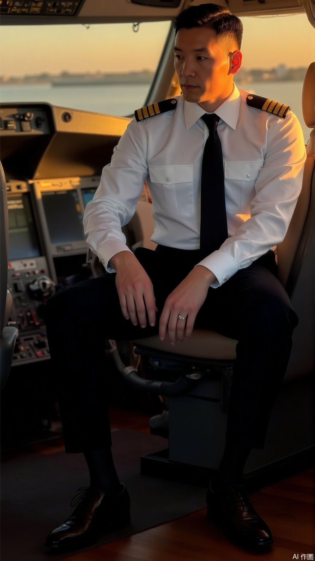 Hyperrealistic cinematic lighting, central composition. In the cockpit, the captain in a white civil aviation uniform, with gold epaulets and a neat black tie, plus Oxford shoes and black sheer socks, sits quietly as if after a flight, one hand on the knee. Warm gold light flows over uniform fabric and shoe sheen, caressing the light texture of sheer socks. The background retains the cockpit charm, conveying post - flight calm professionalism..,jzns,brn,xnz, 