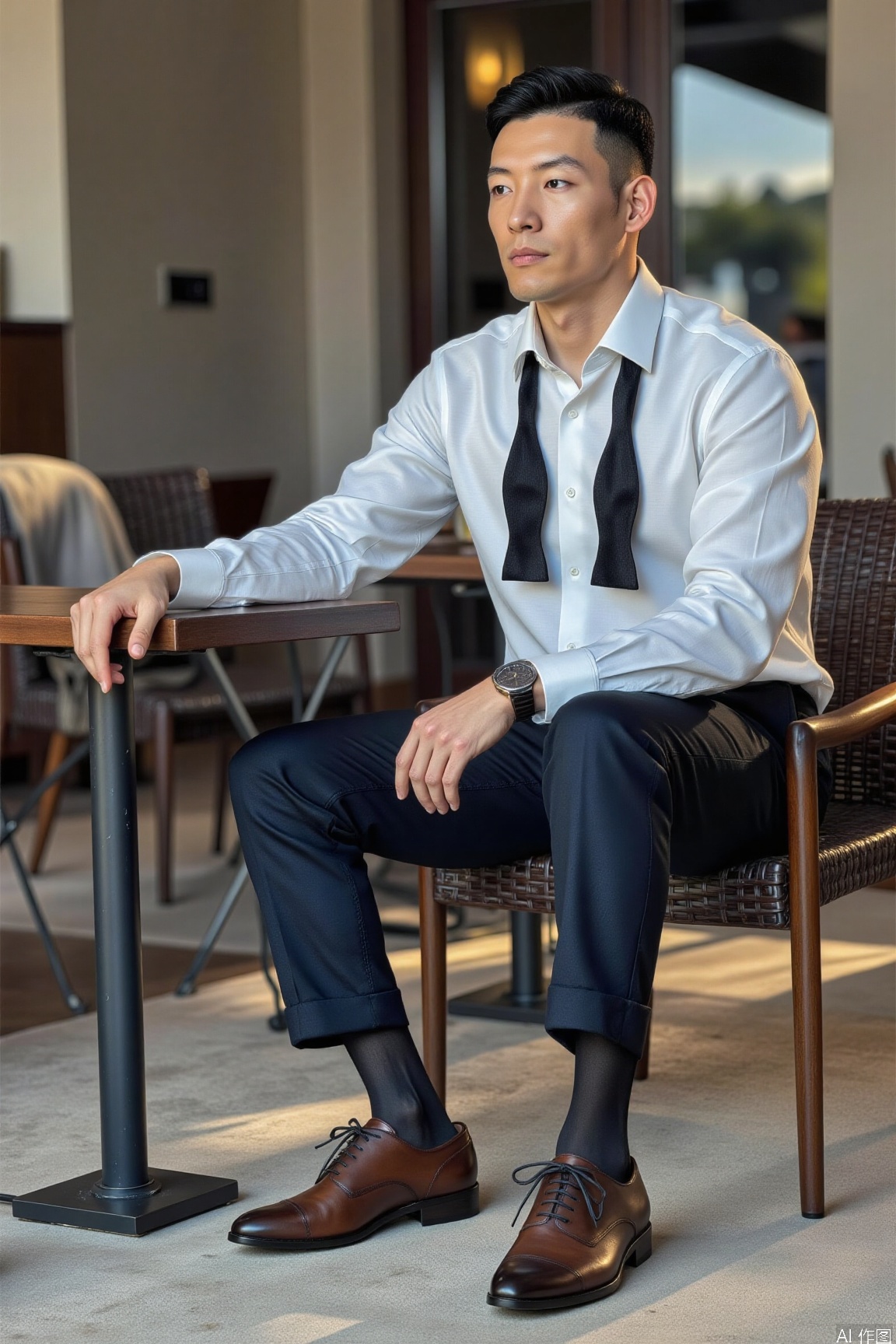 The man is wearing a white shirt, a loose black bowtie, dark trousers and leather shoes, along with black sheer socks. brown leather shoes. Sitting in cafe, outdoors,he holds the railing with one hand and rests the other on his leg, with a composed look...jzns,brn,xnz,formal,watch,motion blur effect
