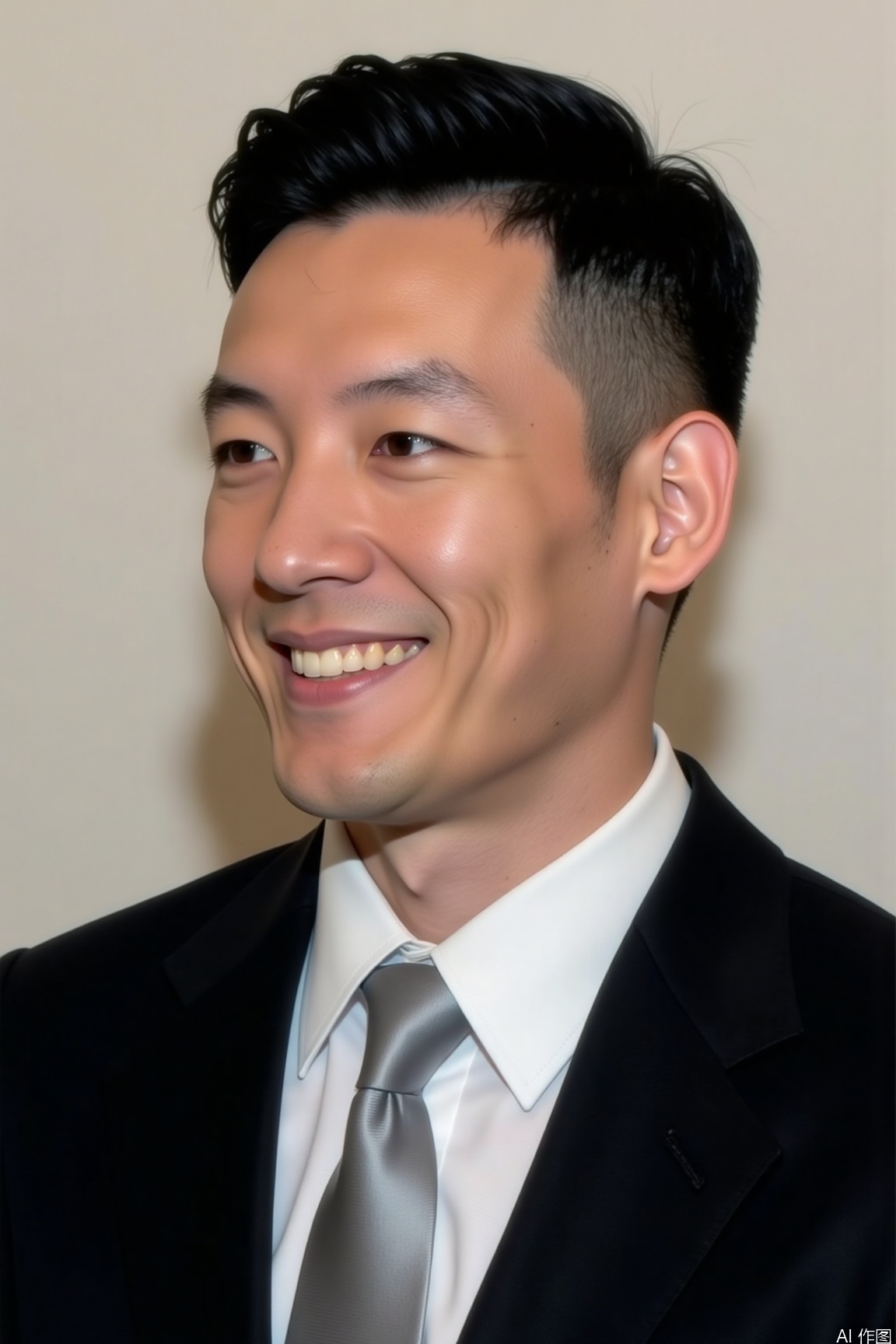 The man is dressed in a black suit and a white shirt, with a neat hairstyle. He smiles sideways with gentle eyes, exuding an amiable and confident aura..jzns,brn
