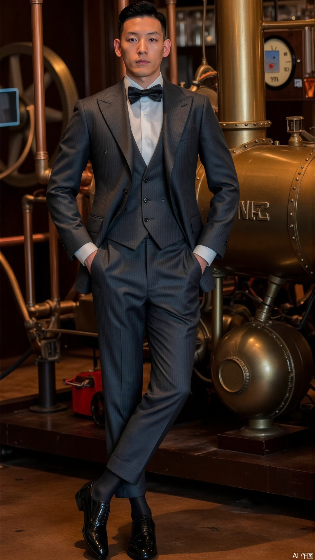 Hyperrealistic, cinematic lighting. Central composition. A man in charcoal gray pinstripe suit with cropped peg-top trousers, black sheer socks with patent shoes, a loose black bowtie, leans against a brass steam engine. Spotlight precisely isolates the man, warm golden key light flows over the sheen of tights and suit fabric, background features blurred copper pipes, whirling gears, and neon-lit control panels. HD Masterpiece, capturing subtle intimacy and supreme textures..,jzns,brn,sheer socks,xnz,