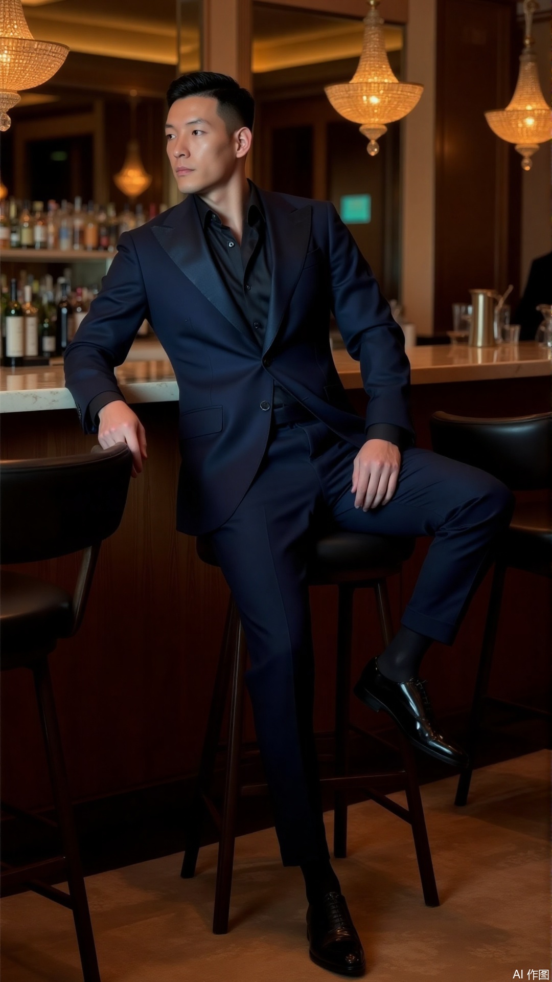 Hyperrealistic, cinematic lighting. Central composition. A man  in midnight blue suit trousers, black sheer socks with patent shoes, sits relaxed, one hand resting lightly on the bar, Spotlight precisely isolates the man, warm golden key light flows over the sheen of tights and suit fabric, background blurred crystal chandeliers and opulent decor. HD Masterpiece, capturing subtle intimacy and supreme textures..,jzns,brn,sheer socks,
