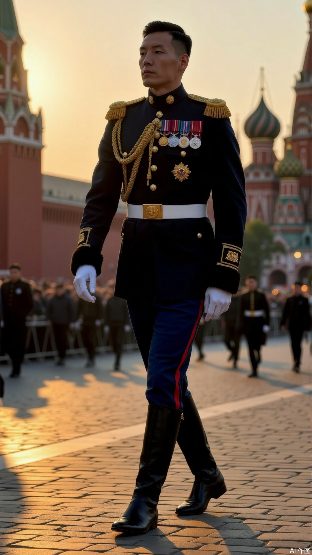 Hyperrealistic, cinematic lighting. Central composition. A man in dark blue Russian Guard uniform with gold epaulettes, high collars, and knee-high polished Military boots , marches on Red Square. Spotlight precisely isolates the man, warm golden key light highlights the enameled medals and fur-trimmed cuffs, background features blurred St. Basil's Cathedral, the Kremlin walls, and a sea of spectators. HD Masterpiece, capturing grandeur and supreme textures.,jzns,brn,sheer socks,xnz, 