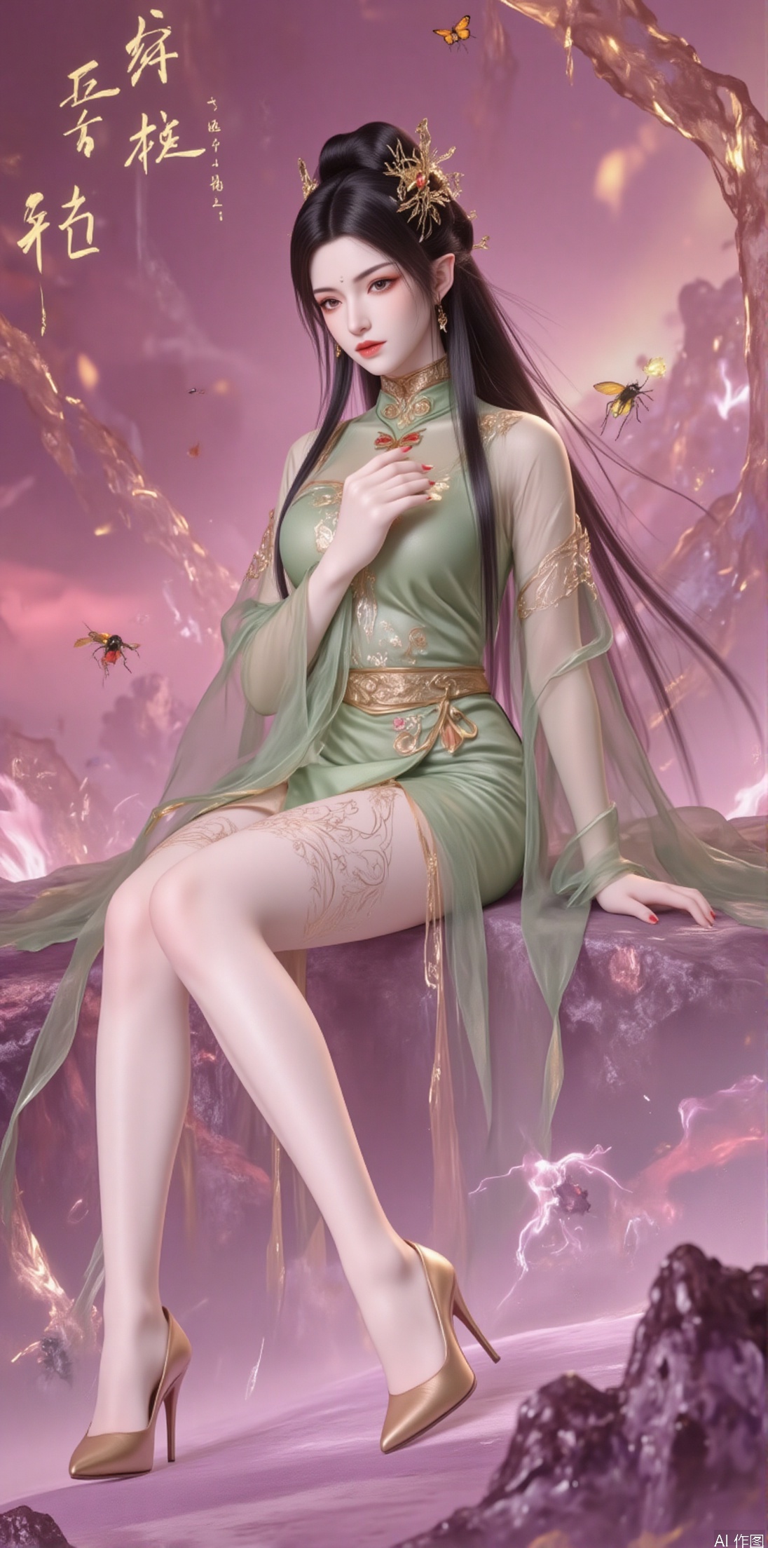 1girl, solo, long hair, looking at viewer, black hair, hair ornament, thighhighs, dress, sitting, closed mouth, full body, teeth, high heels, chinese clothes, bug, butterfly, green dress, chinese text,jinghongzy