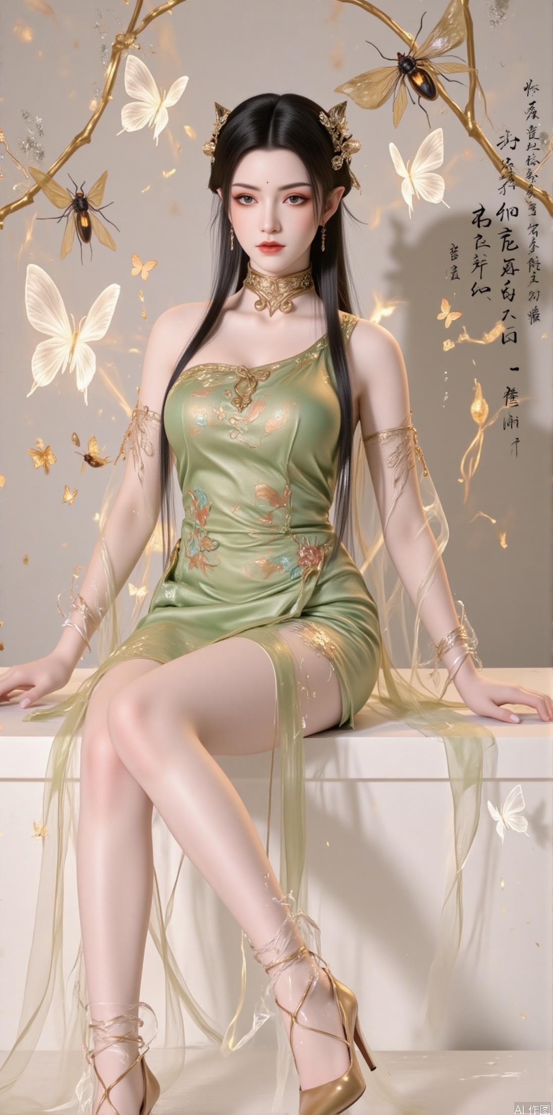 1girl, solo, long hair, looking at viewer, black hair, hair ornament, thighhighs, dress, sitting, closed mouth, full body, teeth, high heels, chinese clothes, bug, butterfly, green dress, chinese text,jinghongzy