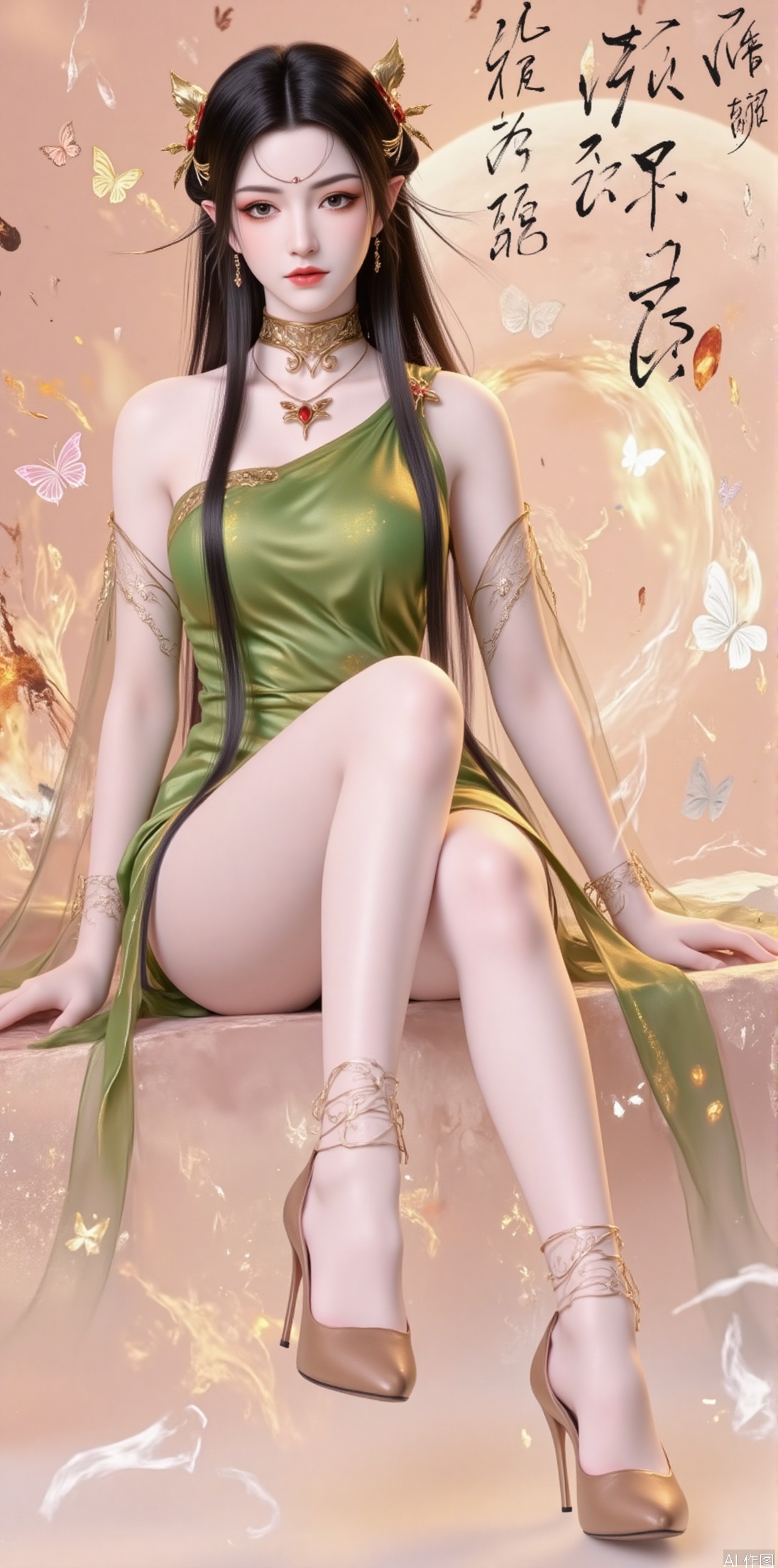 1girl, solo, long hair, looking at viewer, black hair, hair ornament, thighhighs, dress, sitting, closed mouth, full body, teeth, high heels, chinese clothes, bug, butterfly, green dress, chinese text,jinghongzy