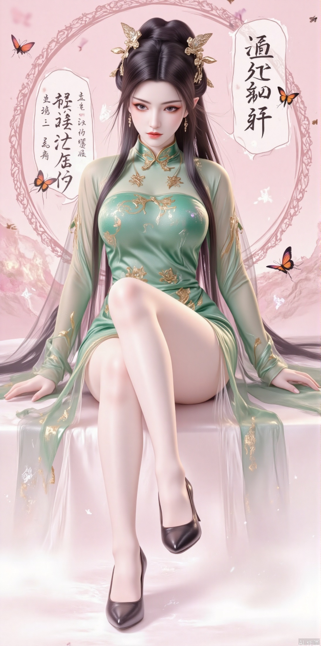 1girl, solo, long hair, looking at viewer, black hair, hair ornament, thighhighs, dress, sitting, closed mouth, full body, teeth, high heels, chinese clothes, bug, butterfly, green dress, chinese text,jinghongzy