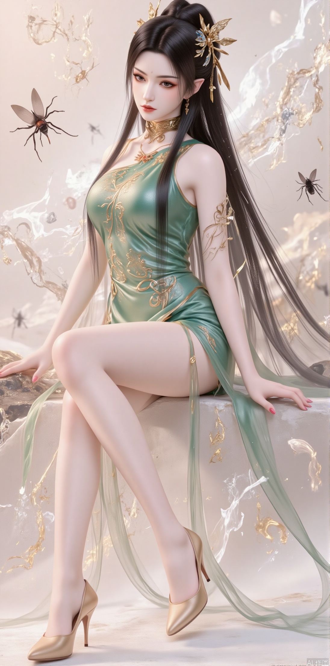 1girl, solo, long hair, looking at viewer, black hair, hair ornament, thighhighs, dress, sitting, closed mouth, full body, teeth, high heels, chinese clothes, bug, butterfly, green dress, chinese text,jinghongzy