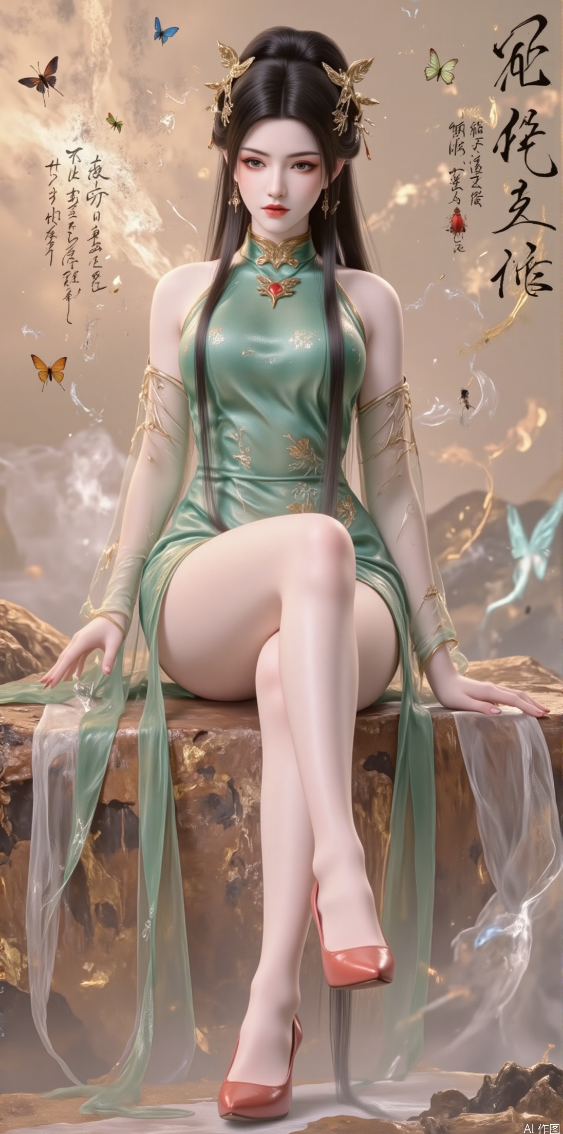 1girl, solo, long hair, looking at viewer, black hair, hair ornament, thighhighs, dress, sitting, closed mouth, full body, teeth, high heels, chinese clothes, bug, butterfly, green dress, chinese text,jinghongzy