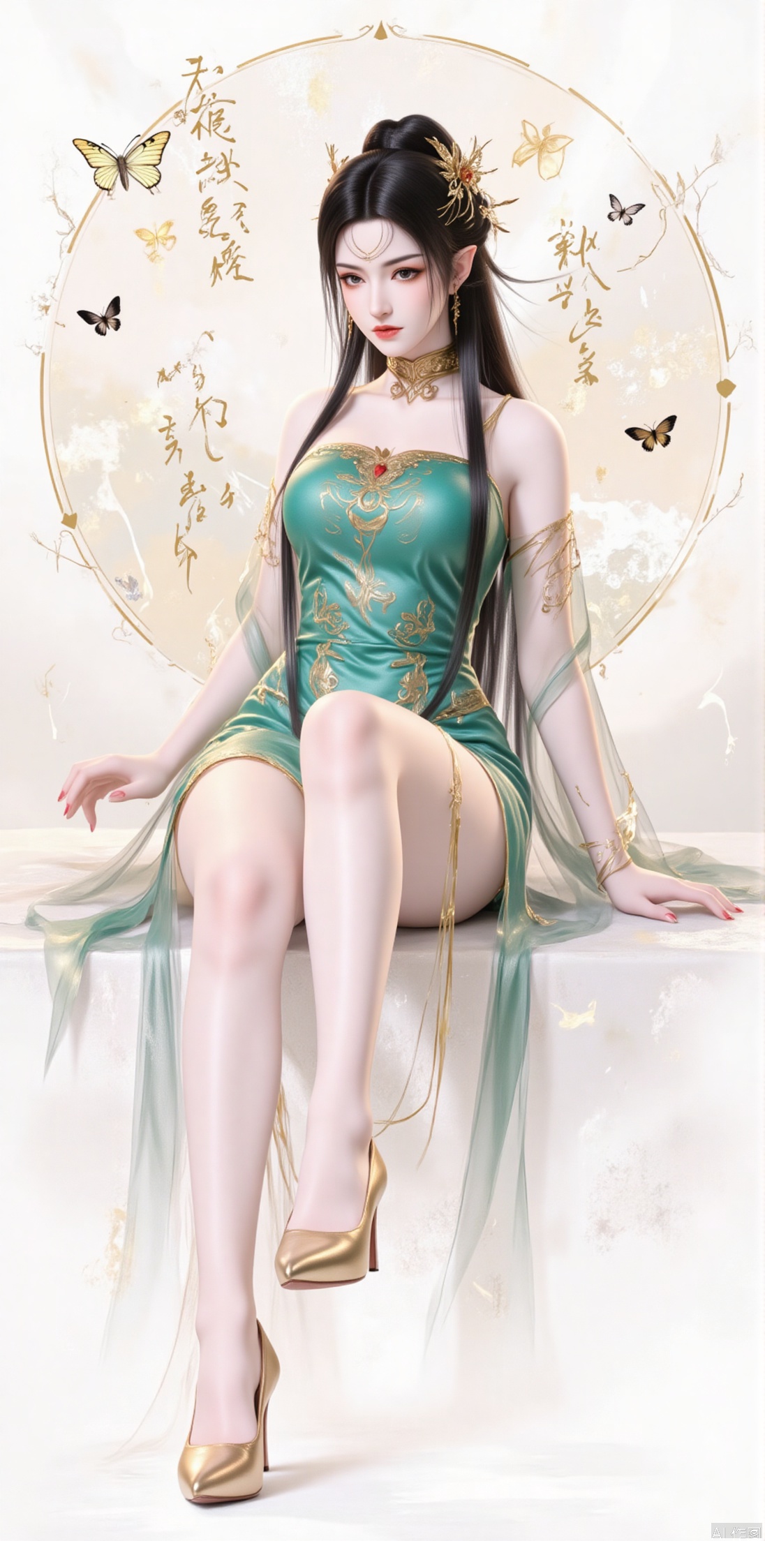 1girl, solo, long hair, looking at viewer, black hair, hair ornament, thighhighs, dress, sitting, closed mouth, full body, teeth, high heels, chinese clothes, bug, butterfly, green dress, chinese text,jinghongzy