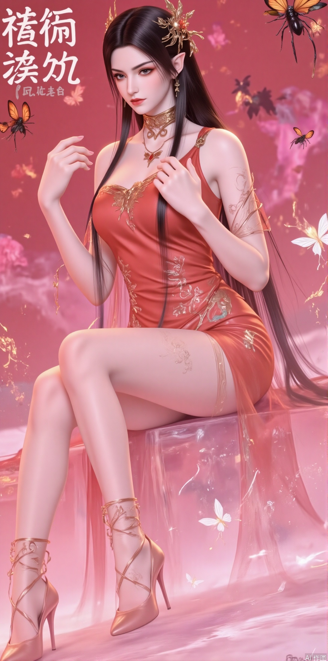 1girl, solo, long hair, looking at viewer, black hair, hair ornament, thighhighs, dress, sitting, closed mouth, full body, teeth, high heels, chinese clothes, bug, butterfly, red dress, chinese text,jinghongzy