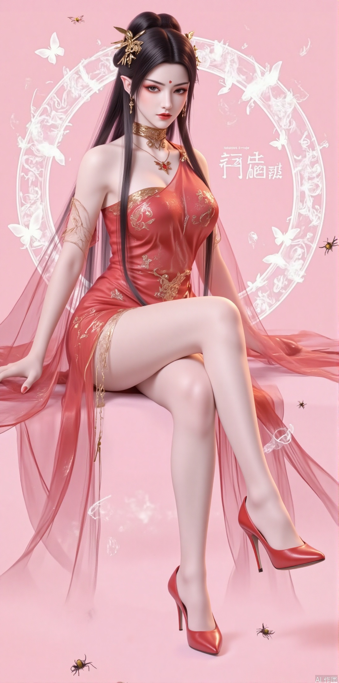 1girl, solo, long hair, looking at viewer, black hair, hair ornament, thighhighs, dress, sitting, closed mouth, full body, teeth, high heels, chinese clothes, bug, butterfly, red dress, chinese text,jinghongzy