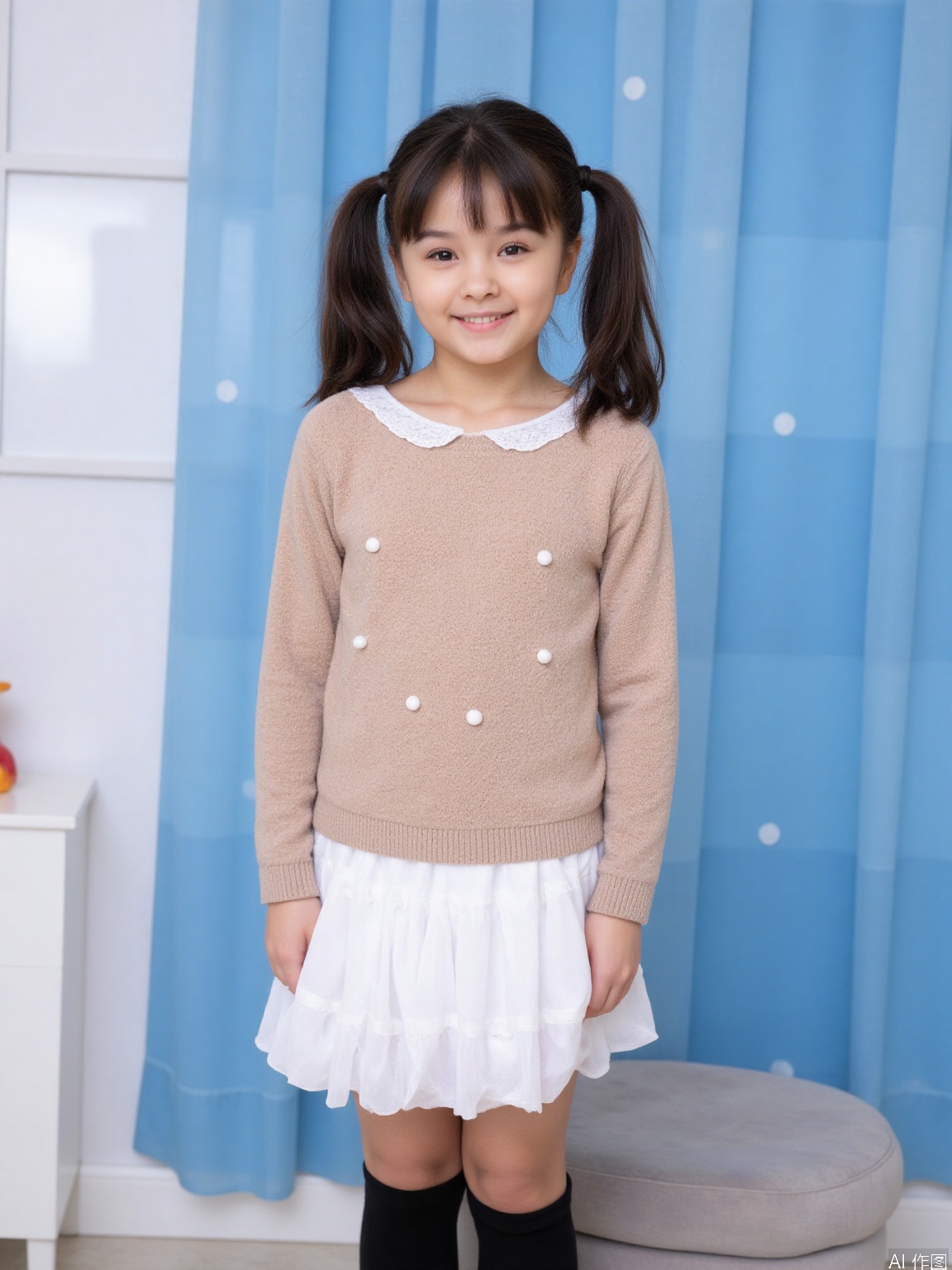 The image shows a 10yo Asian girl standing in front of a blue curtain. She is wearing a light brown, fuzzy sweater with white pearl-like decorations and a white pleated skirt. Her hair is styled in two ponytails, and she is wearing black knee-high socks. The background consists of a blue curtain with white sheer fabric draped over it, and there is a white curtain on the left side of the image. The overall setting appears to be indoors, possibly in a room with a playful or casual atmosphere.